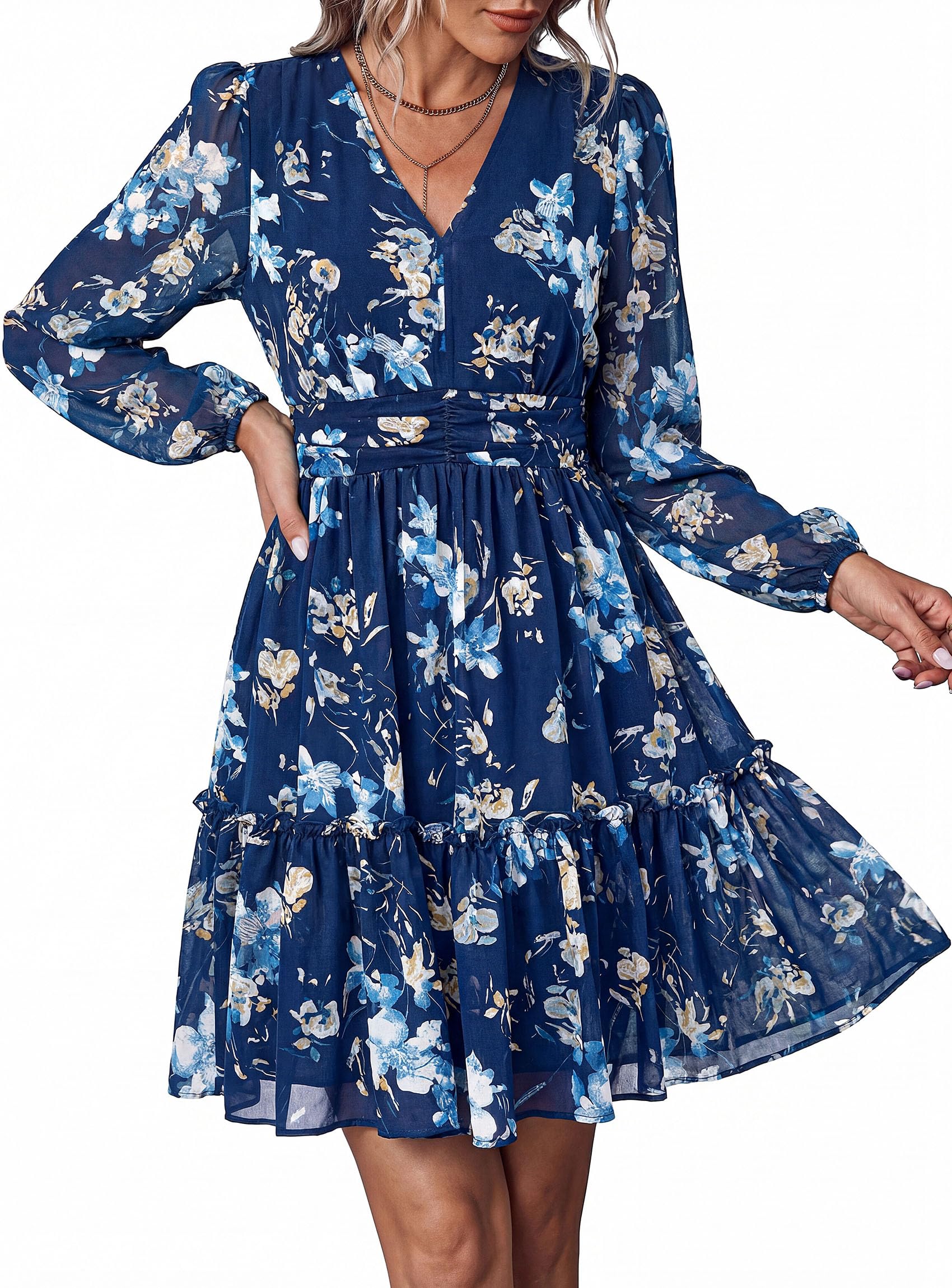 Women Floral Long Sleeve Mini Dress Fall Wedding Guest Dresses