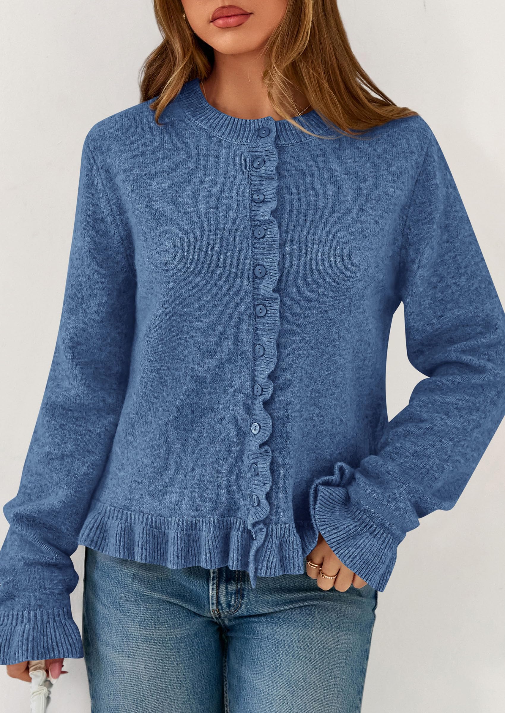 Womens Ruffle Button Down Cardigan Sweaters,Grey Blue,S