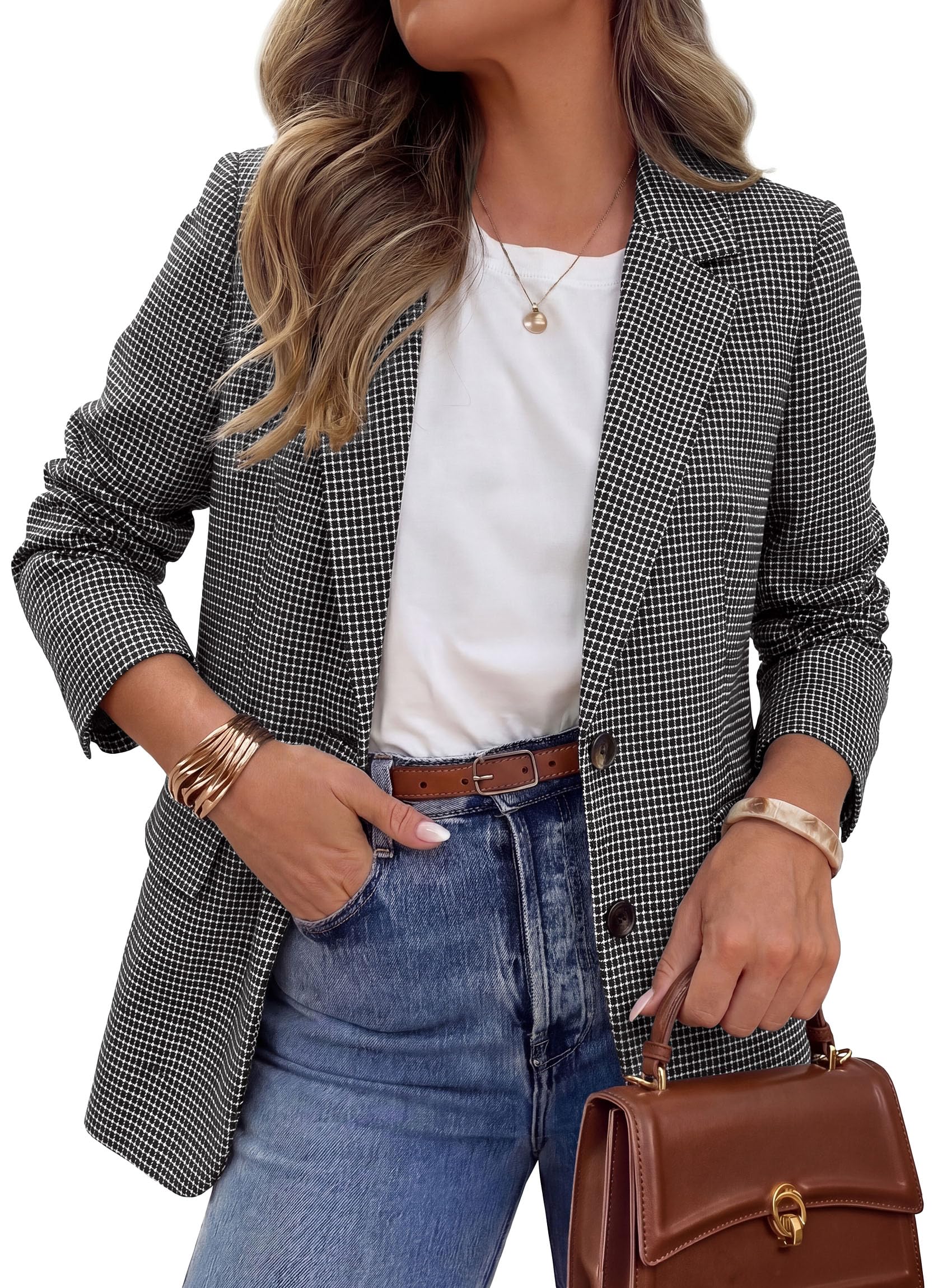 Fall Plaid Blazers for Women Business Casual Black S