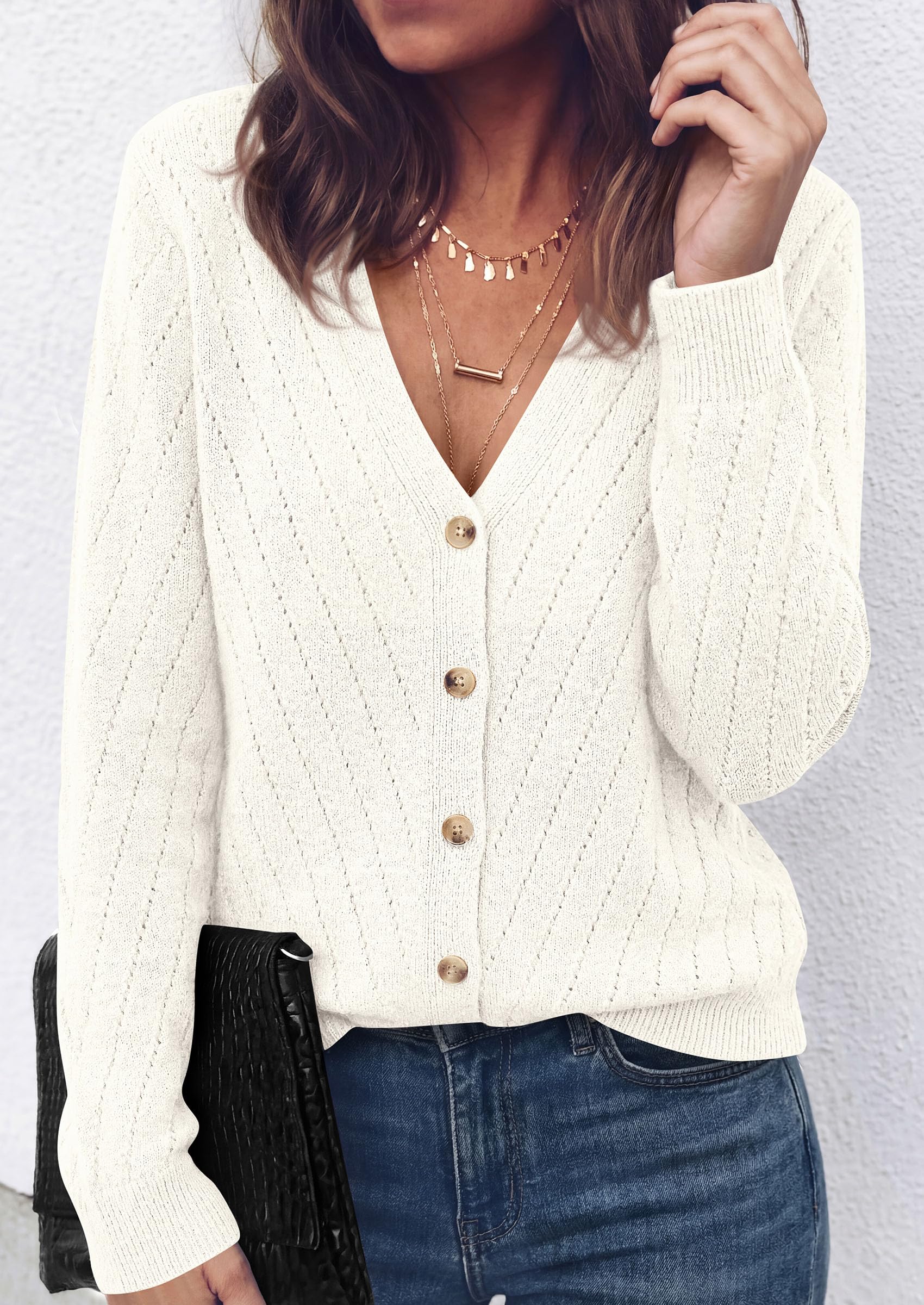 Women's Cozy Cardigan Sweater with Button (White,S)