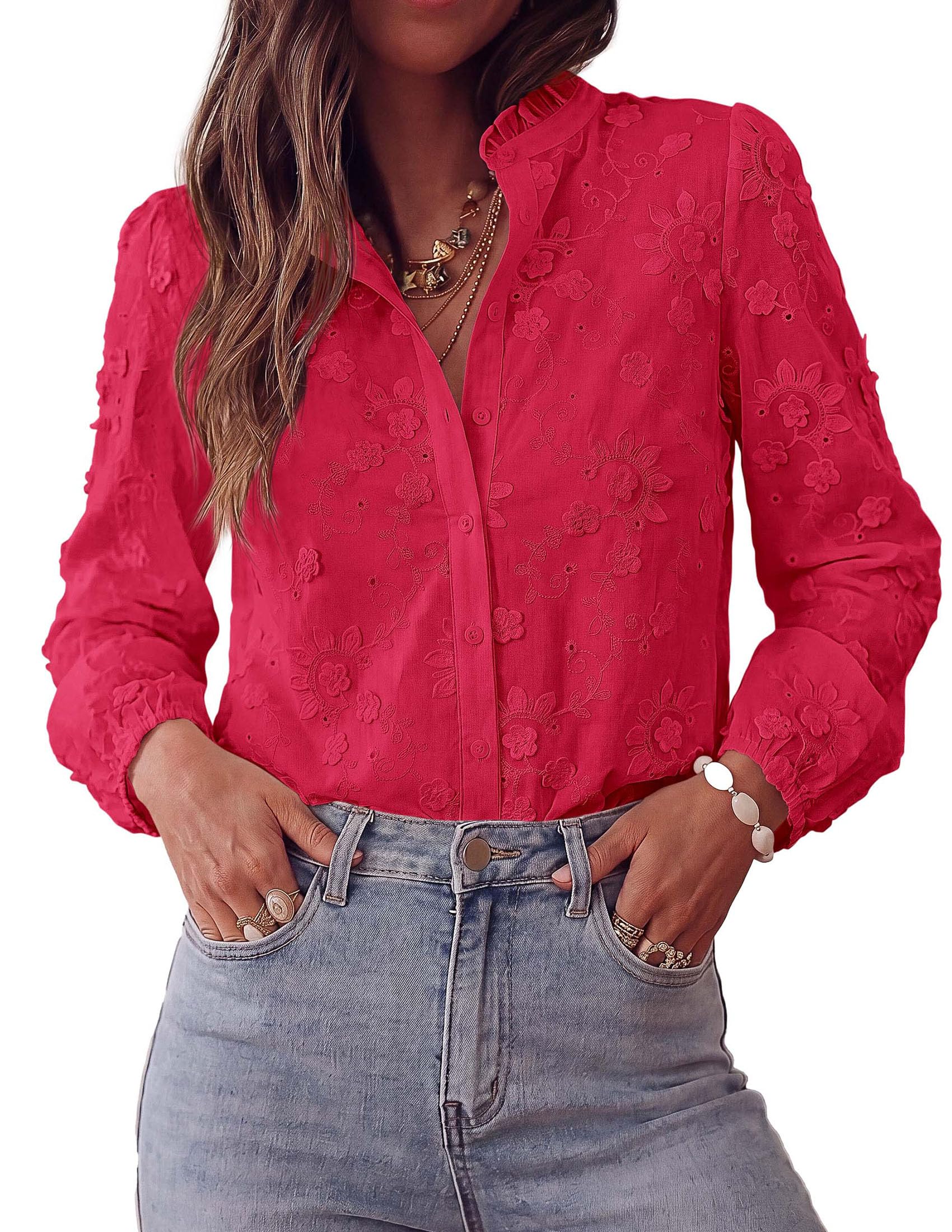 Women's Floral Embroidered Button Down Shirts Work Blouses