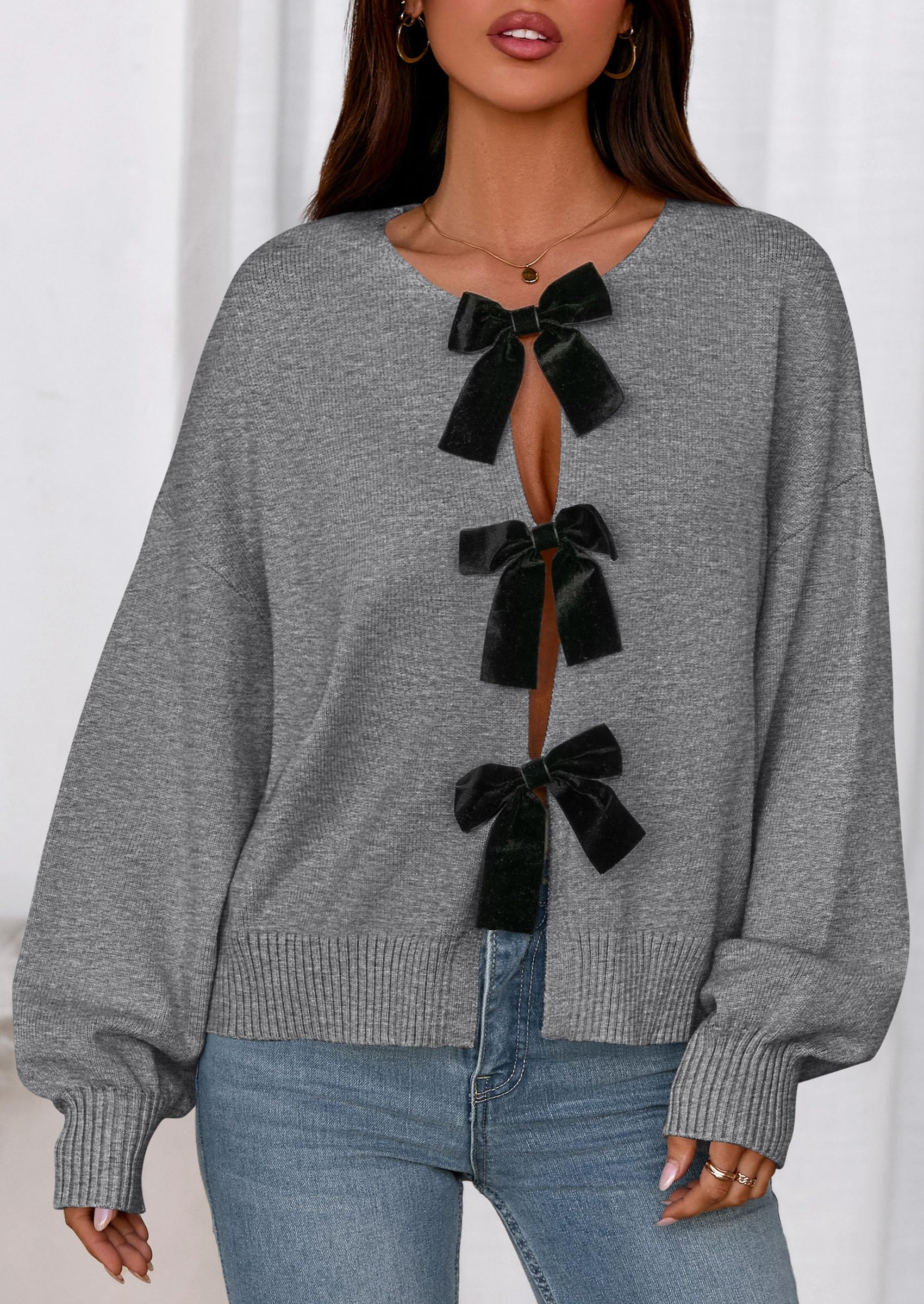 Women's Fall Bow Tie Front Cardigan Sweaters,Grey,S