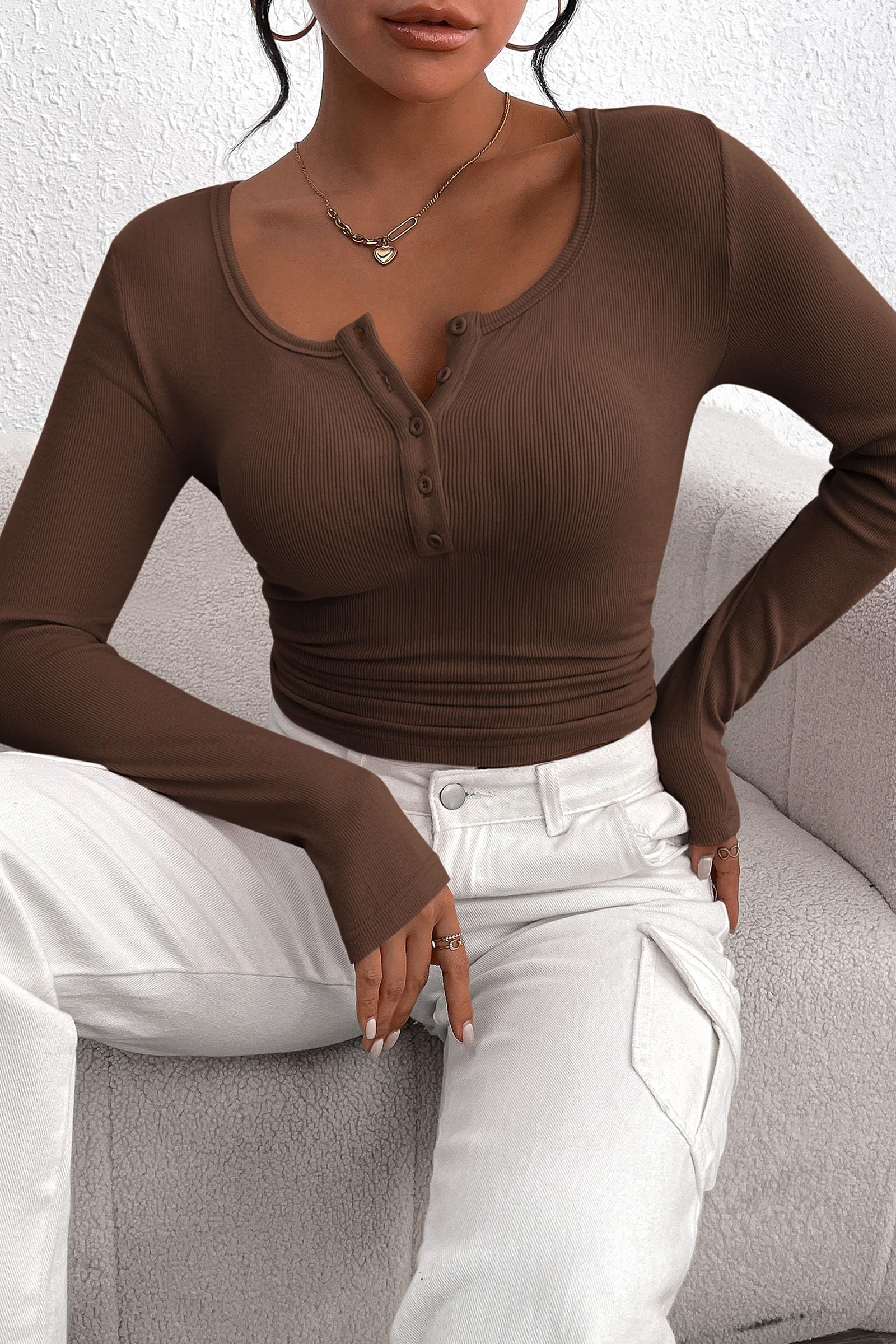 Women's Fall Long Sleeve Henley T Shirts Coffee