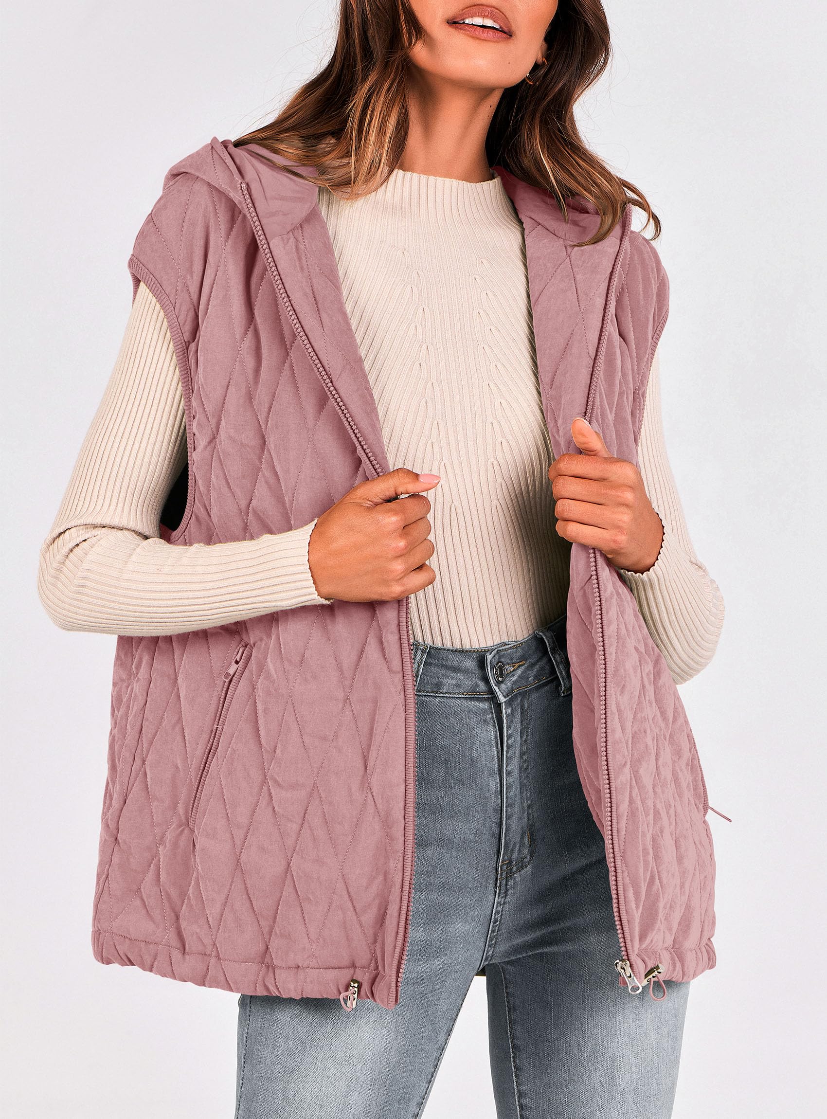 Women's Fall Fashion Vest Zip Up Jacket(Pink,Small)