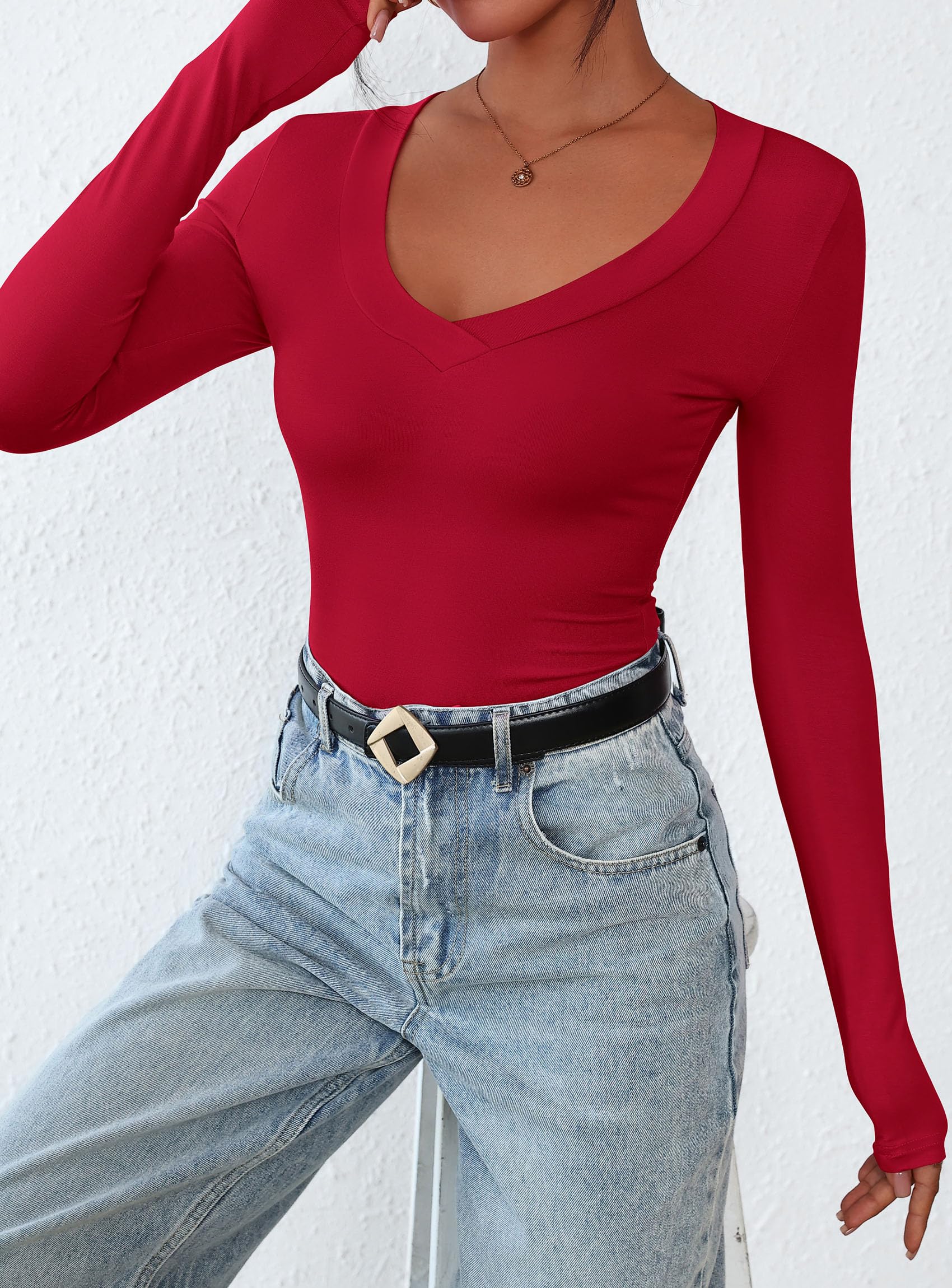 Women's V Neck Long Sleeve Shirts,Red,X-S
