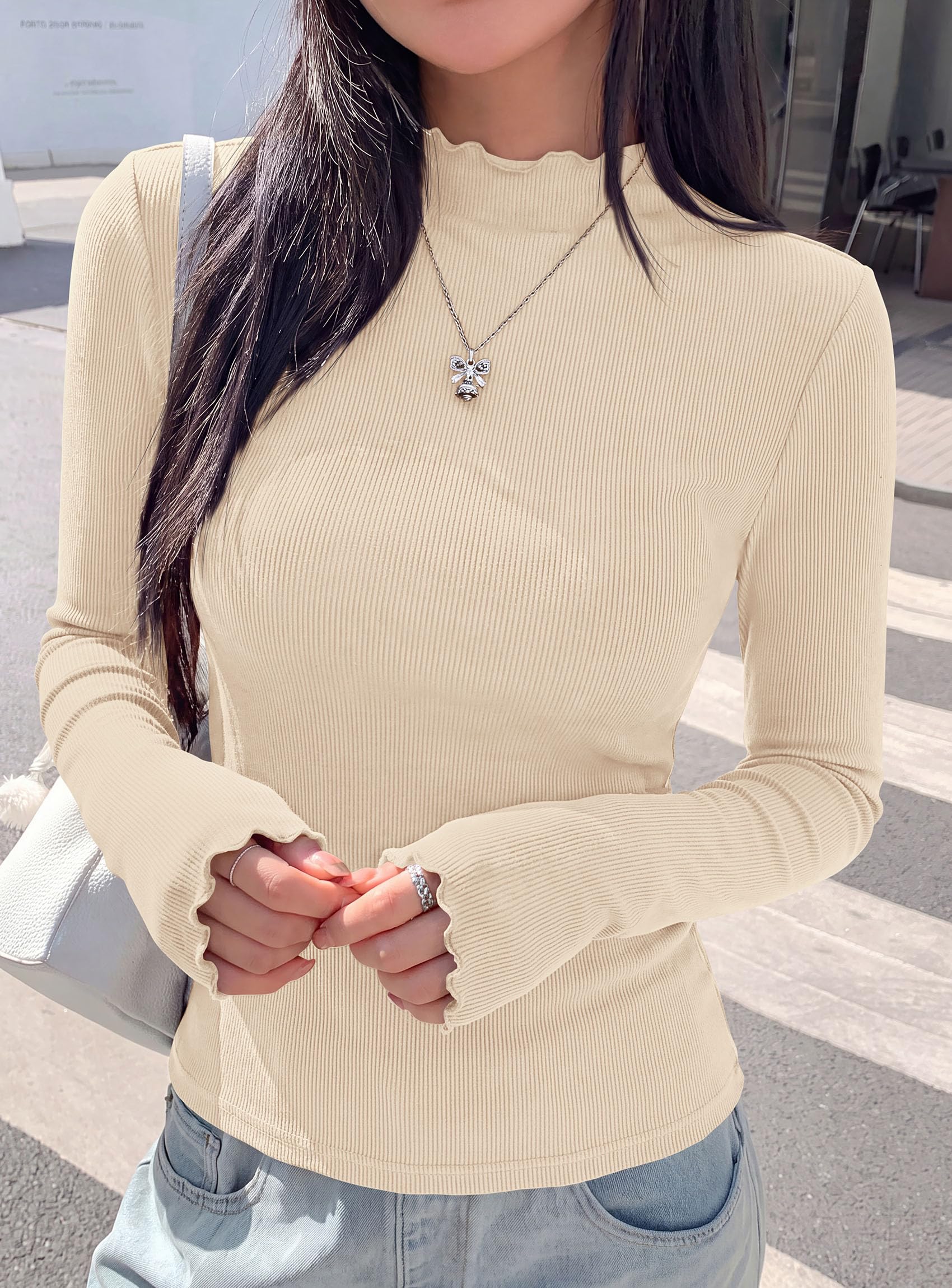 Women's Long Sleeve T Shirts Lettuce Trim Mock Neck Tops Beige