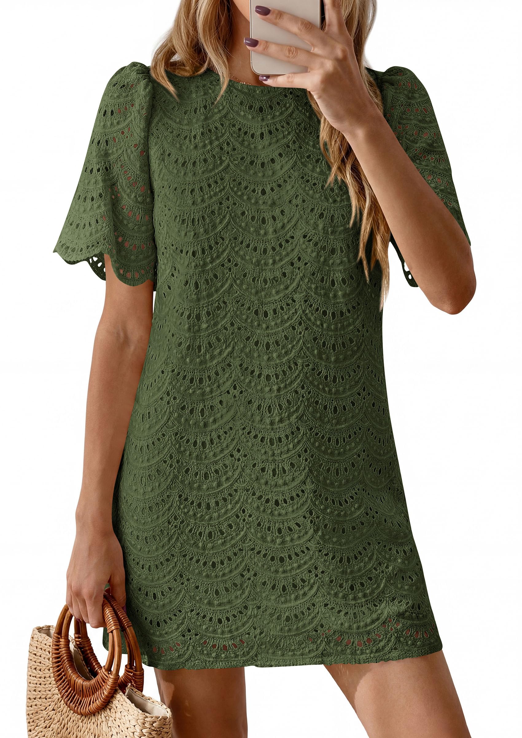 Women's Summer Eyelet Lace Short Dress (Army Green,S)