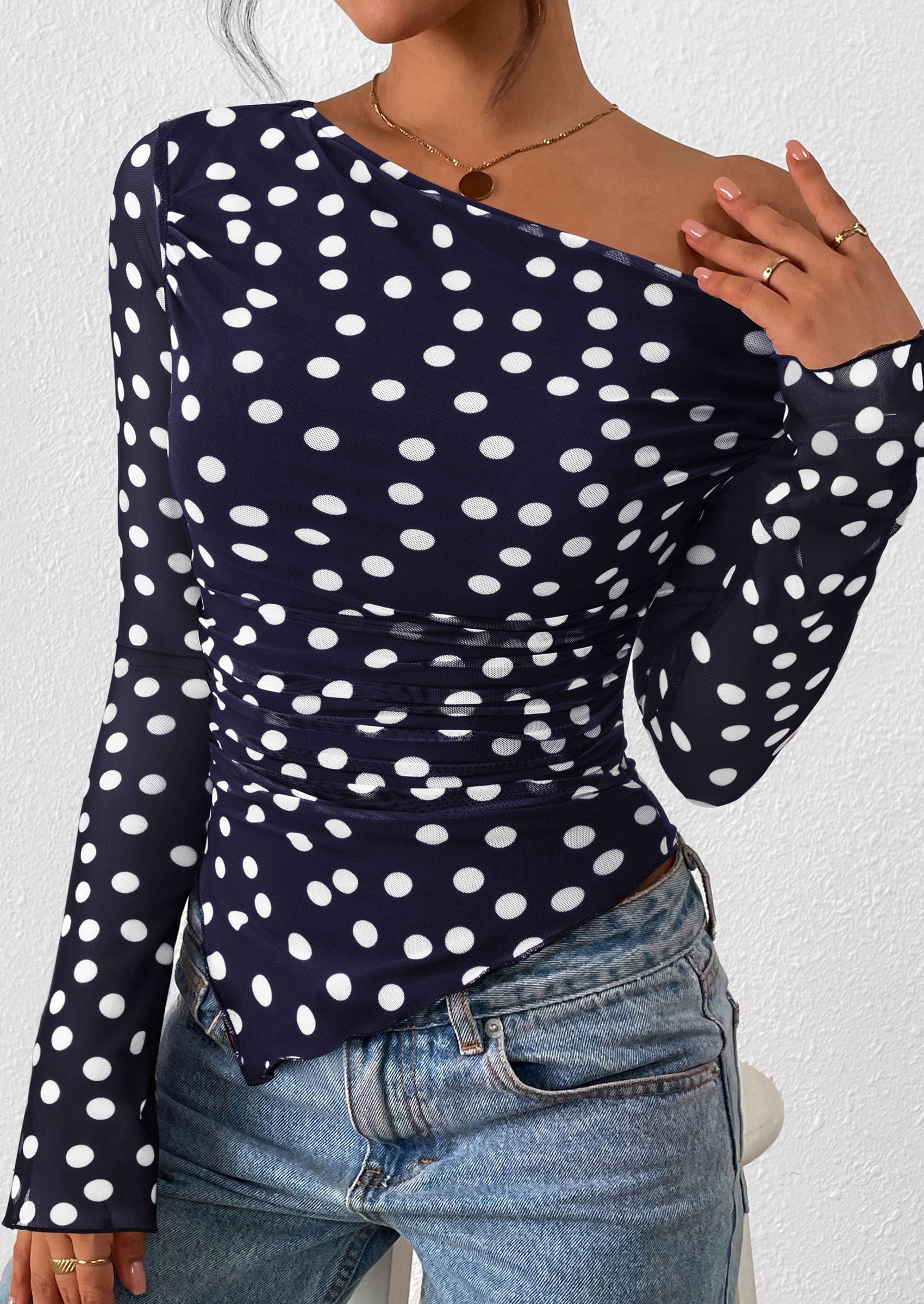 Womens Off Shoulder Mesh Y2k Tops,Dot Navy Blue White,XS