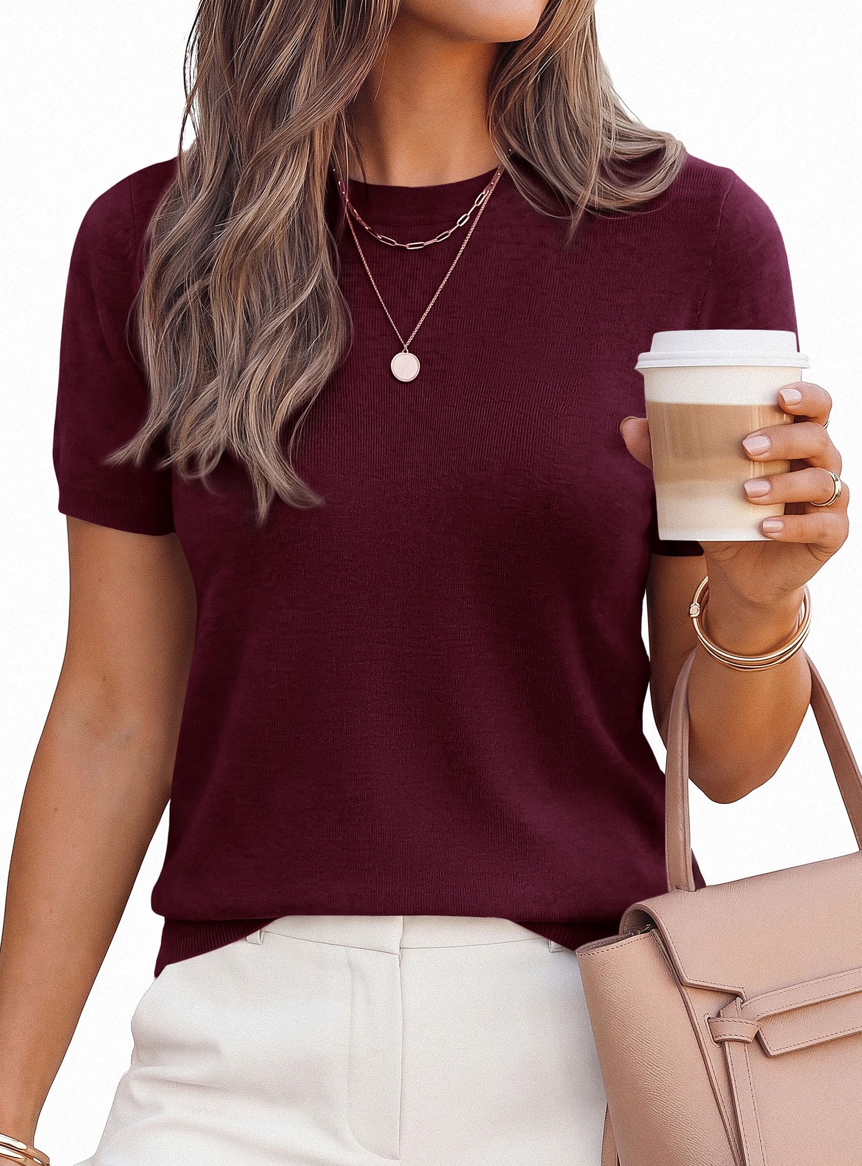 Women's Short Sleeve Sweaters Summer Tops,Dark Burgundy,S
