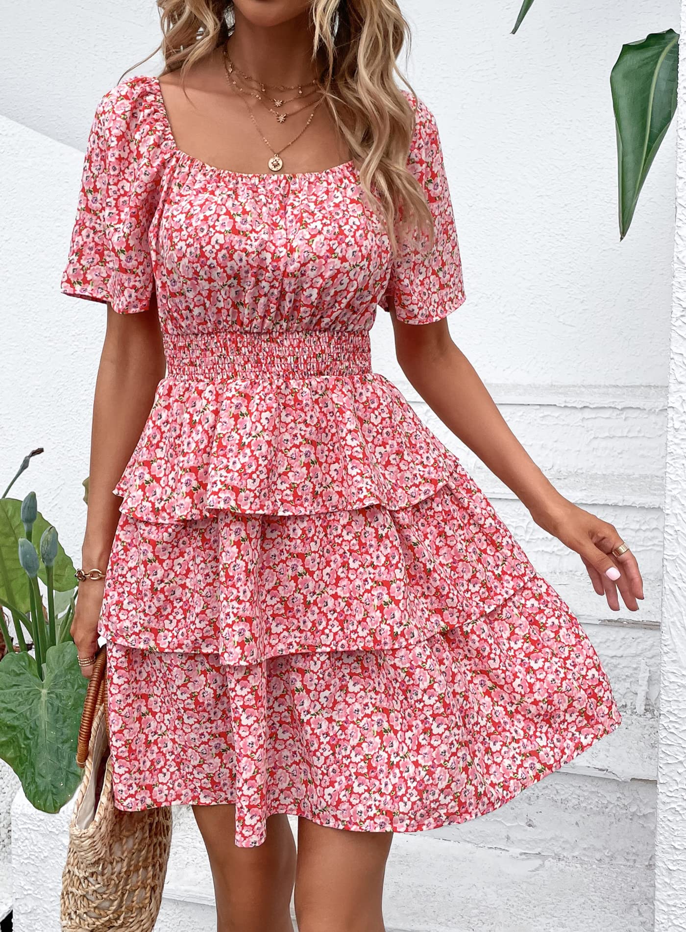 Women's 2025 Floral Summer Short Dress Square Neck Short Sleeve Tiered Ruffle Boho Swing Dresses (Red Pink Floral,Small)
