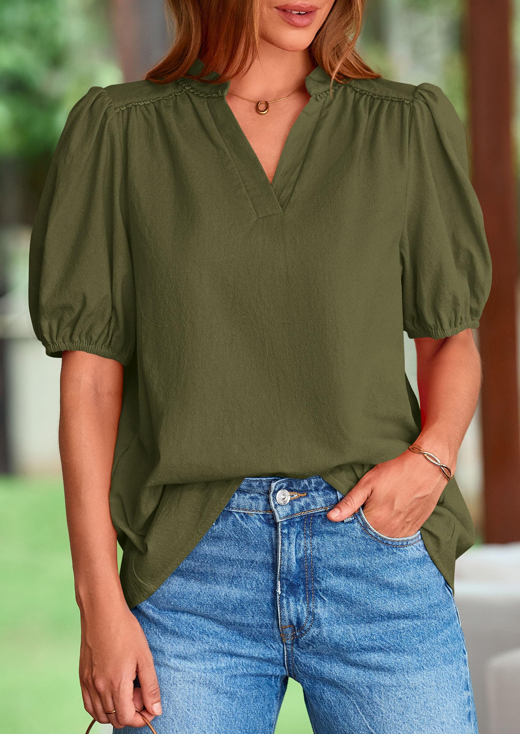 Womens Short Puff Sleeve V Neck Blouses,Army Green,S