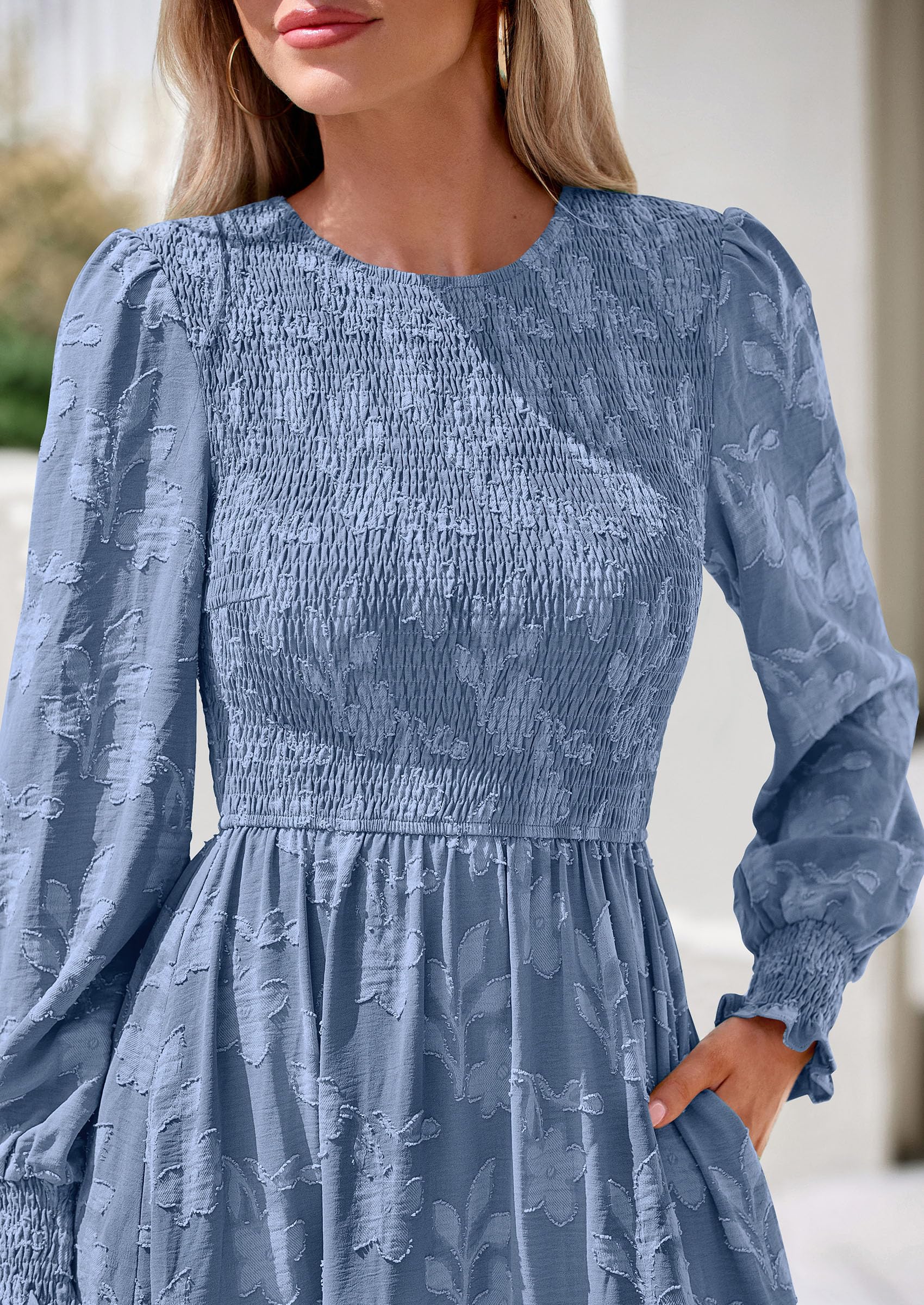 Fall Floral Long Sleeve Wedding Guest Dress for Women Pockets