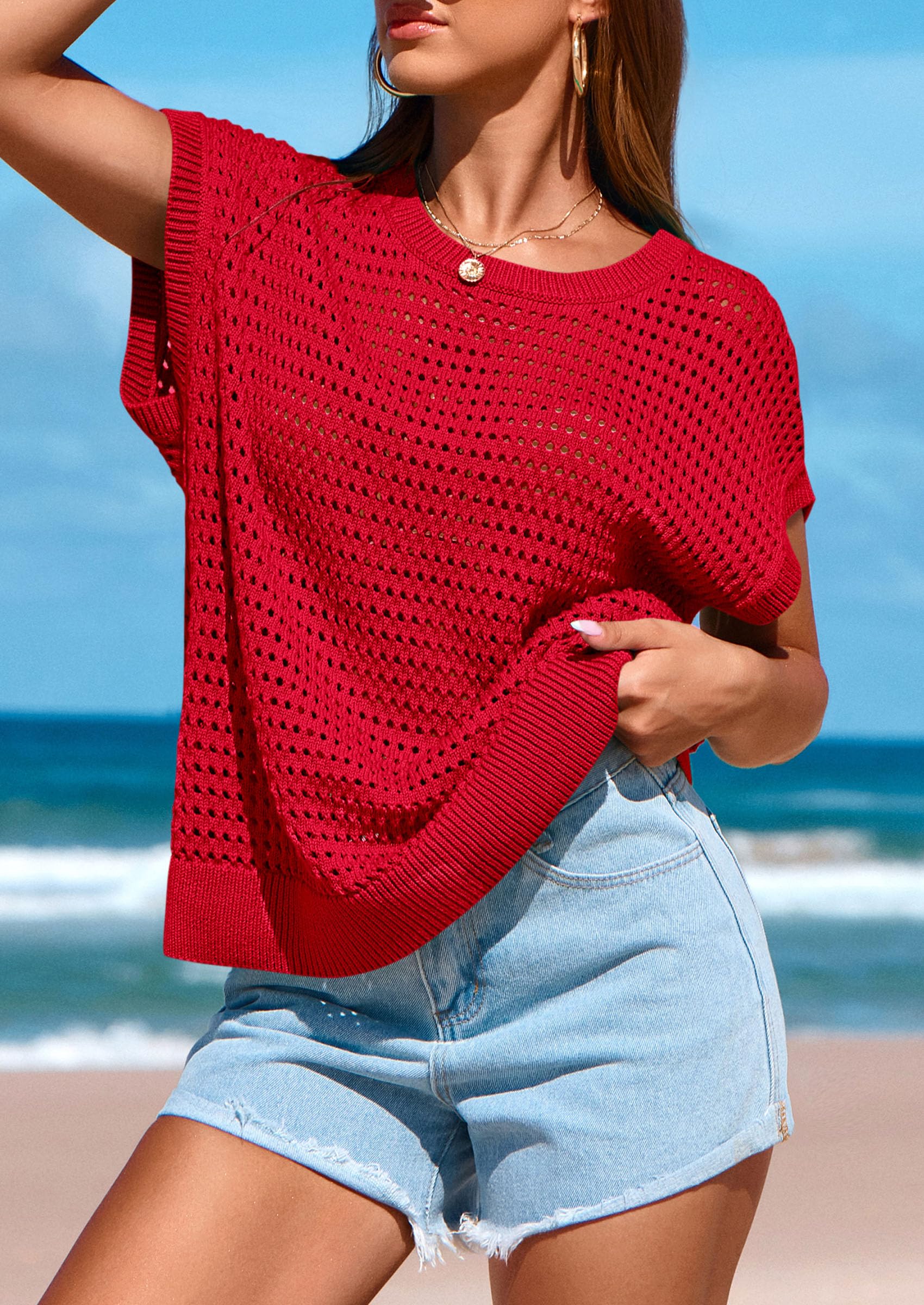 Women's Summer Crochet Cap Sleeve Sweater Tops,Dark Orange,S