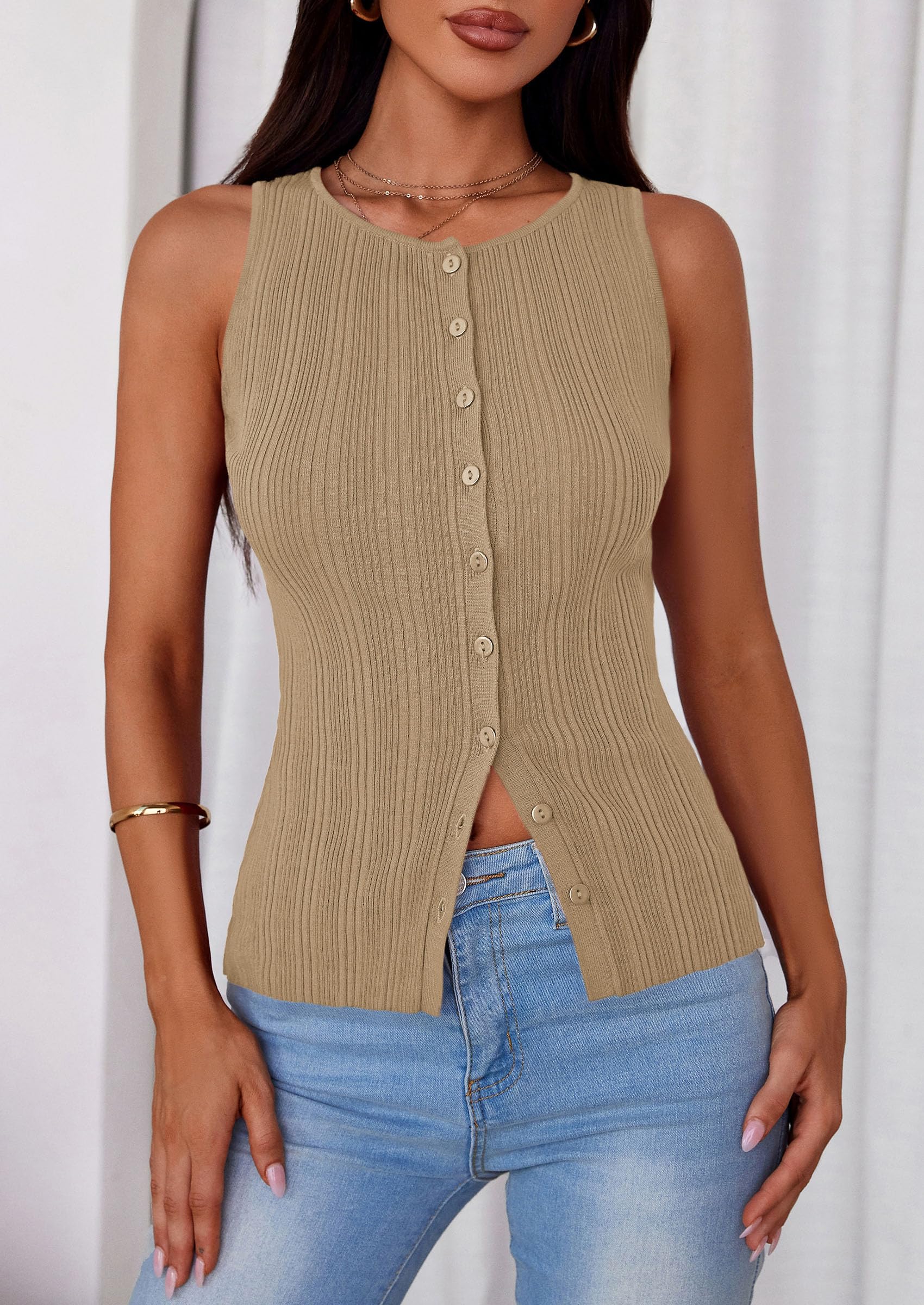 Sleeveless Button Down Shirts for Women Summer 2026 Going Out Ribbed Knit Tank Tops Y2K Clothes Trendy Vest Tops Camel