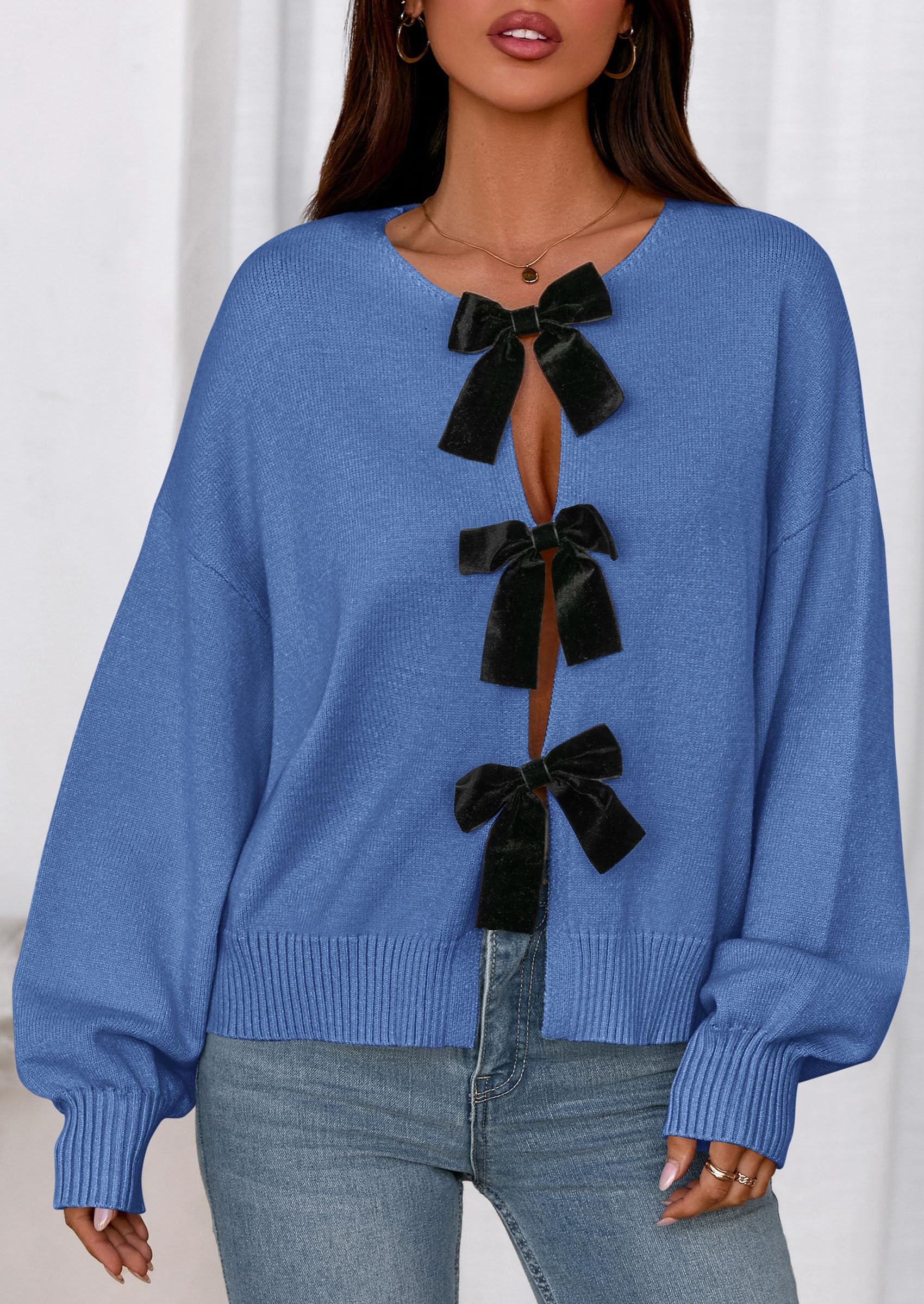 Women's Fall Bow Tie Front Cardigan Sweaters,Blue,S