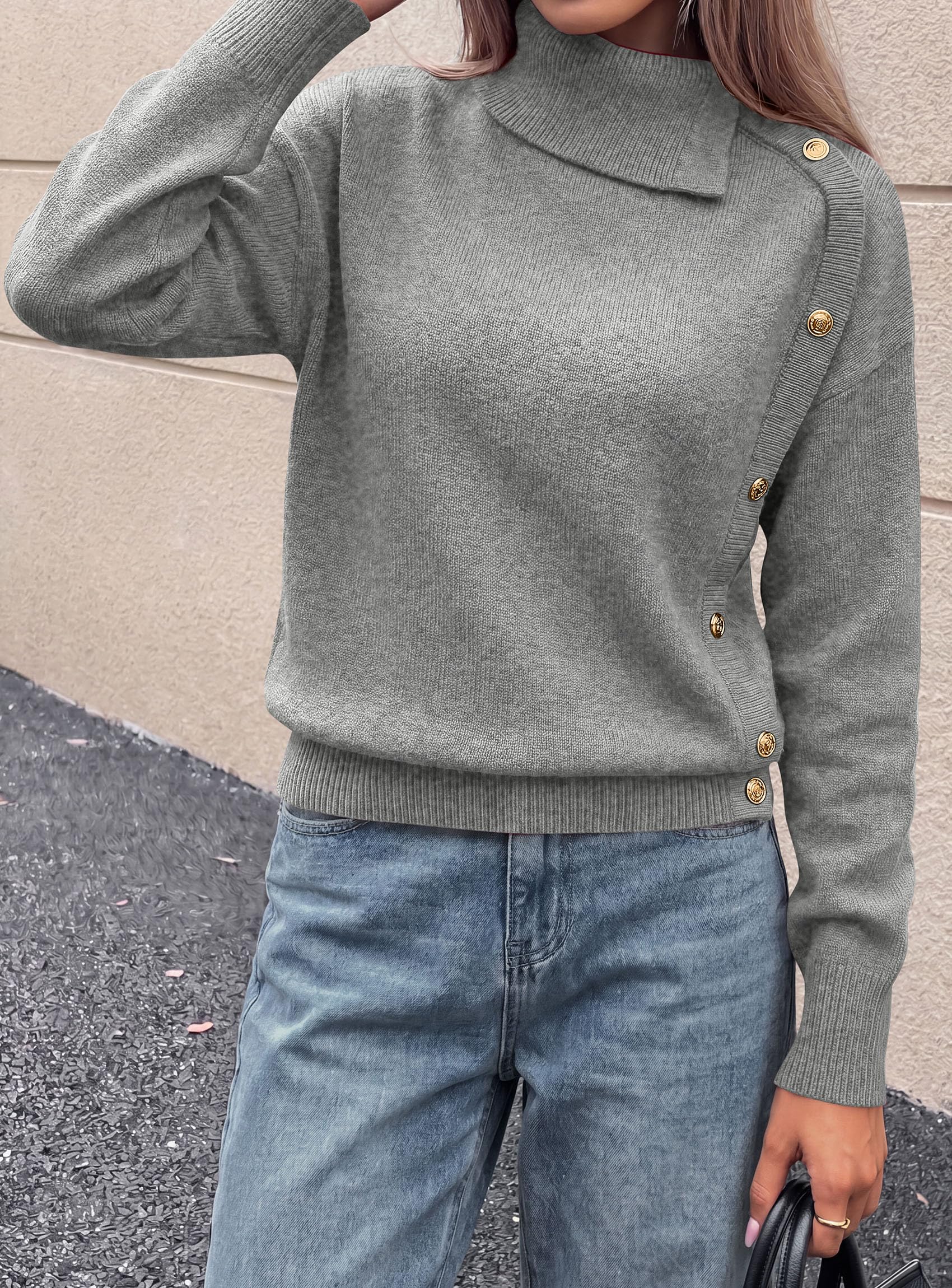Womens Turtleneck Sweater Pullover Side Button Fall Clothes