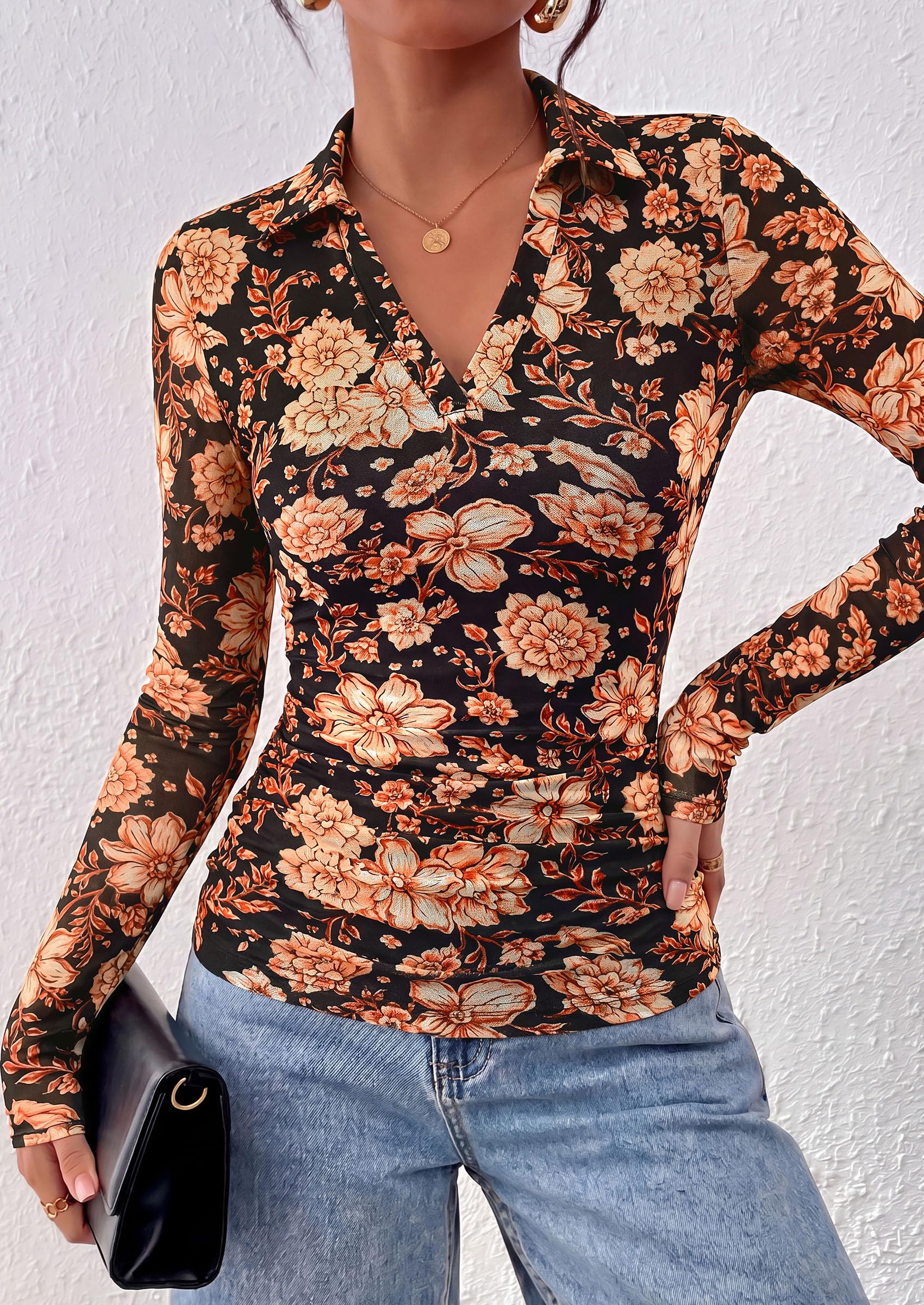 Women's Long Sleeve Boho Floral Mesh Tops Fall V Neck Blouses