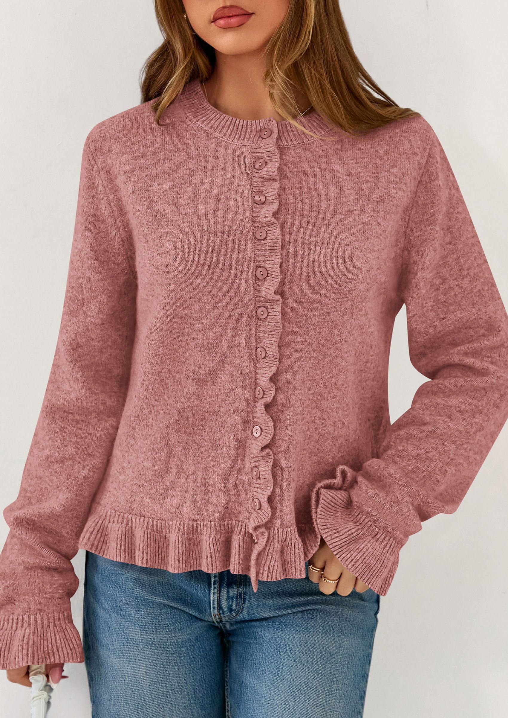 Womens Ruffle Button Down Cardigan Sweaters,Grey Pink,S