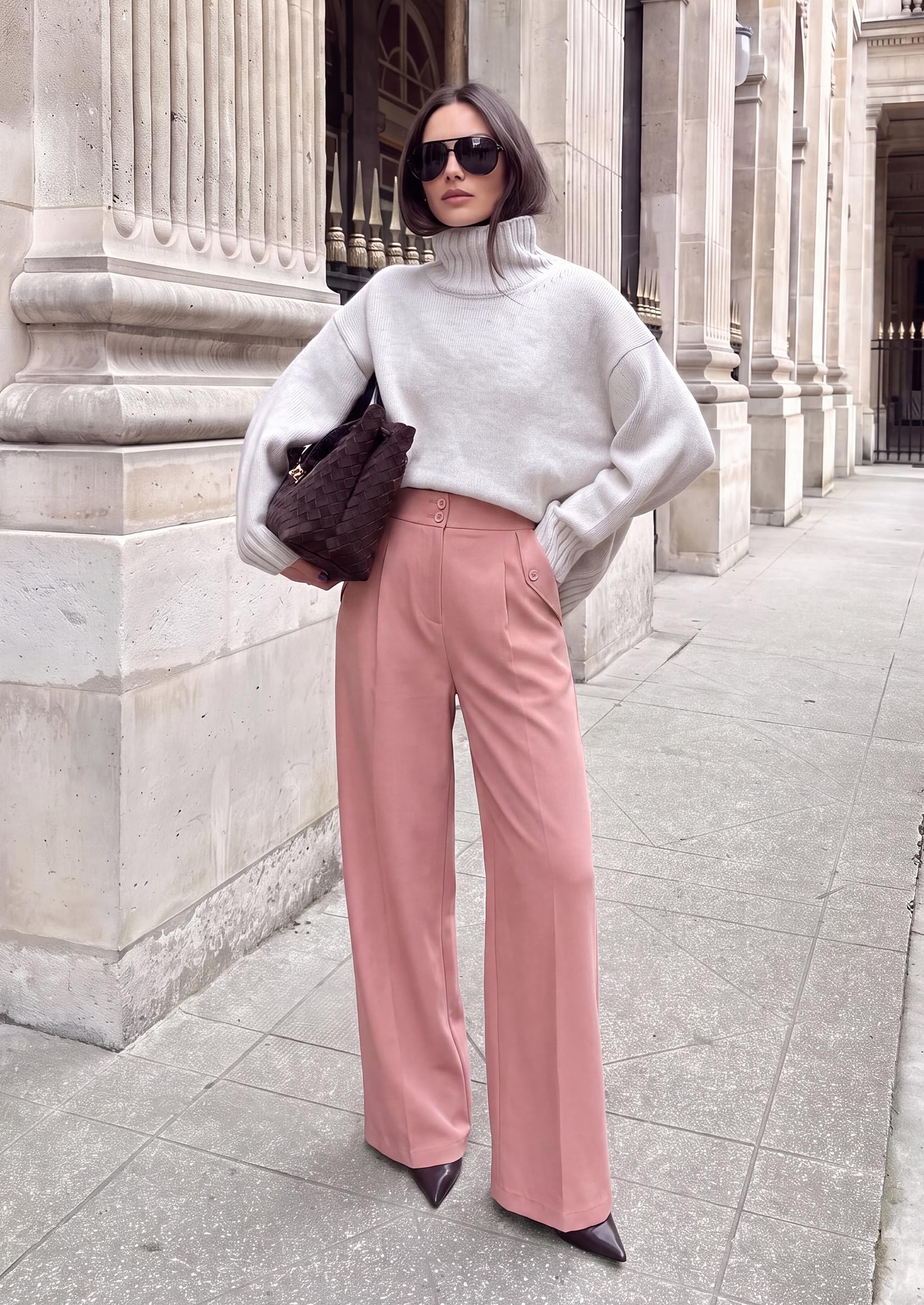 Women's Wide Leg Work Dress Pants Trousers (Pink,S)
