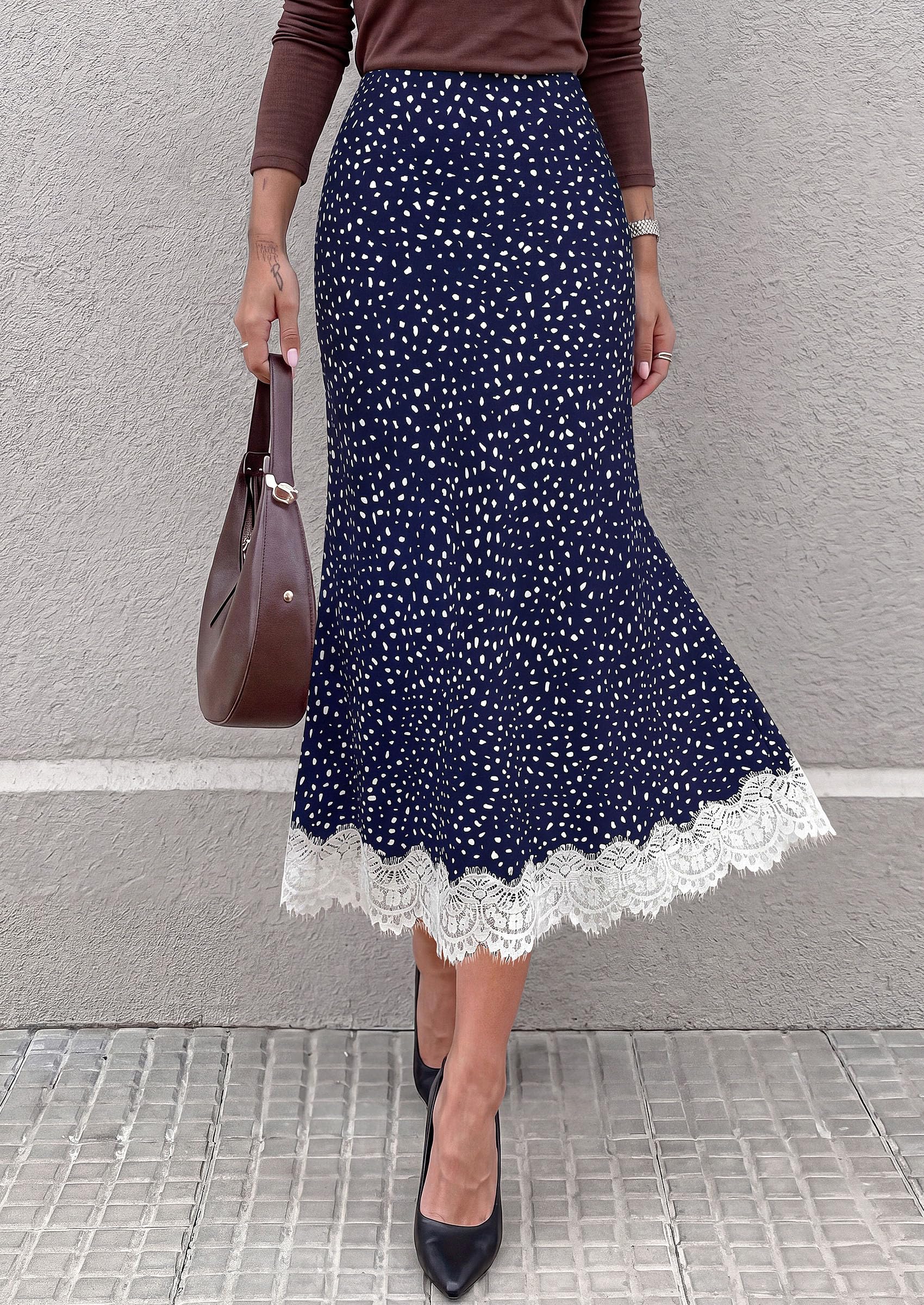 Women's Polka Dot Satin Skirt Fall Flowy Midi Leopard Skirts
