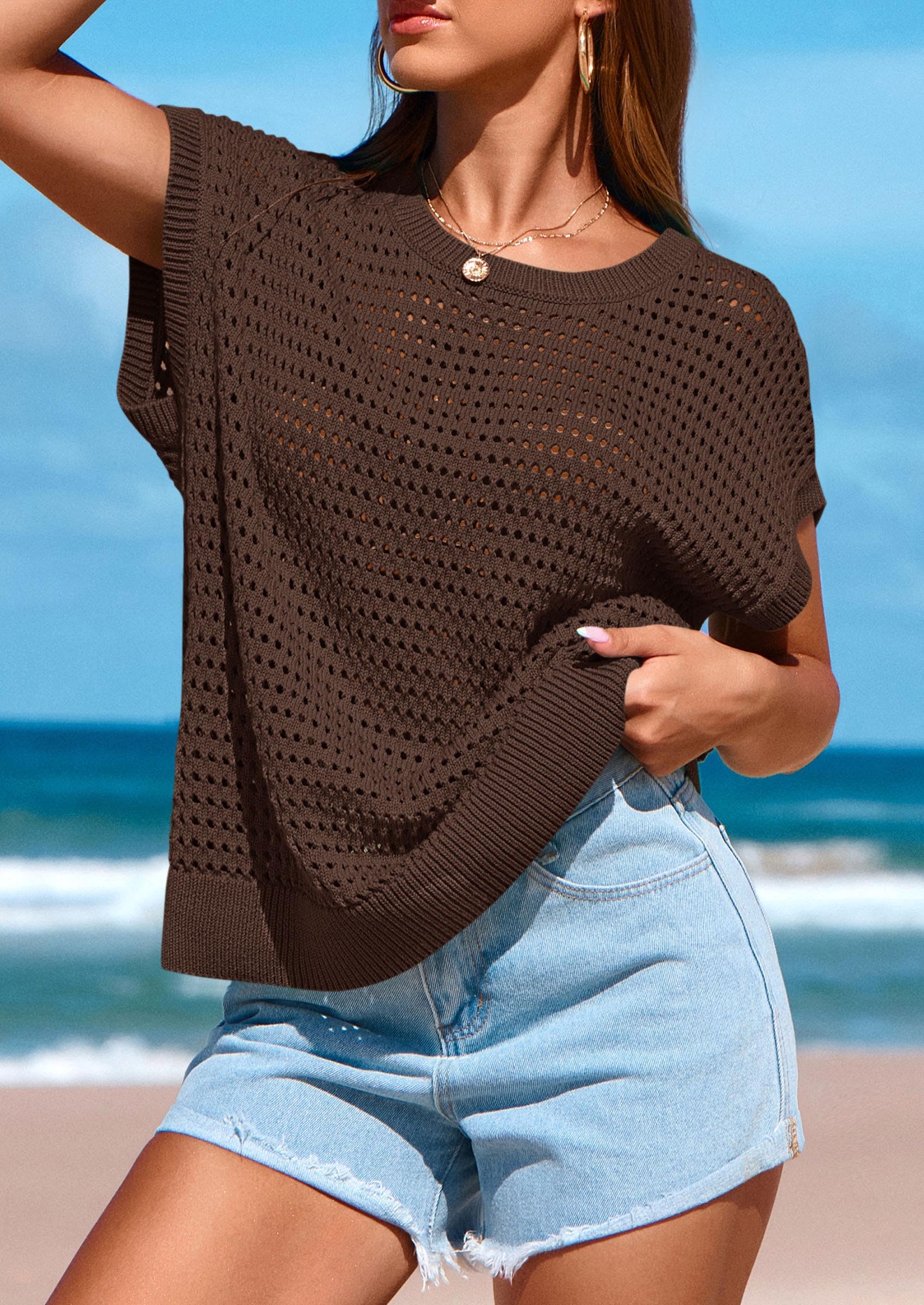 Women's Summer Crochet Cap Sleeve Sweater Tops,Coffee,S