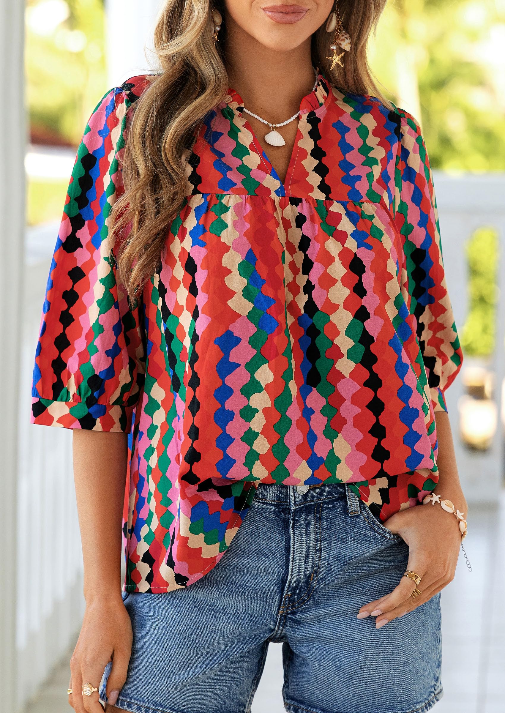 Women's Summer Floral Boho Dressy Casual Tops Multicolored