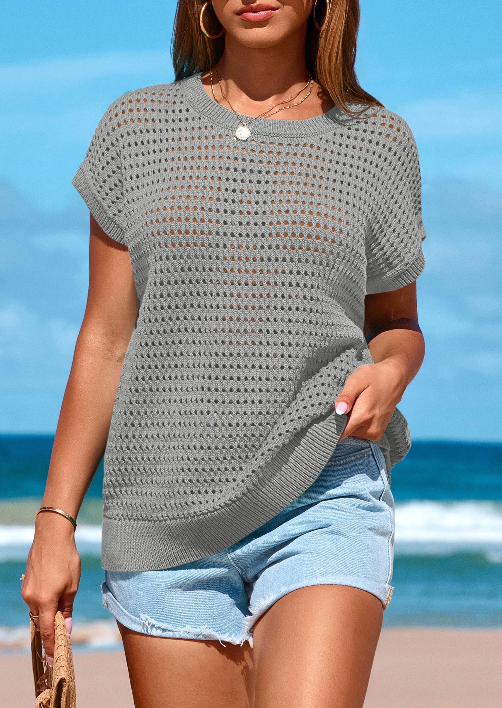 Women's Summer Crochet Cap Sleeve Sweater Tops,Grey,S