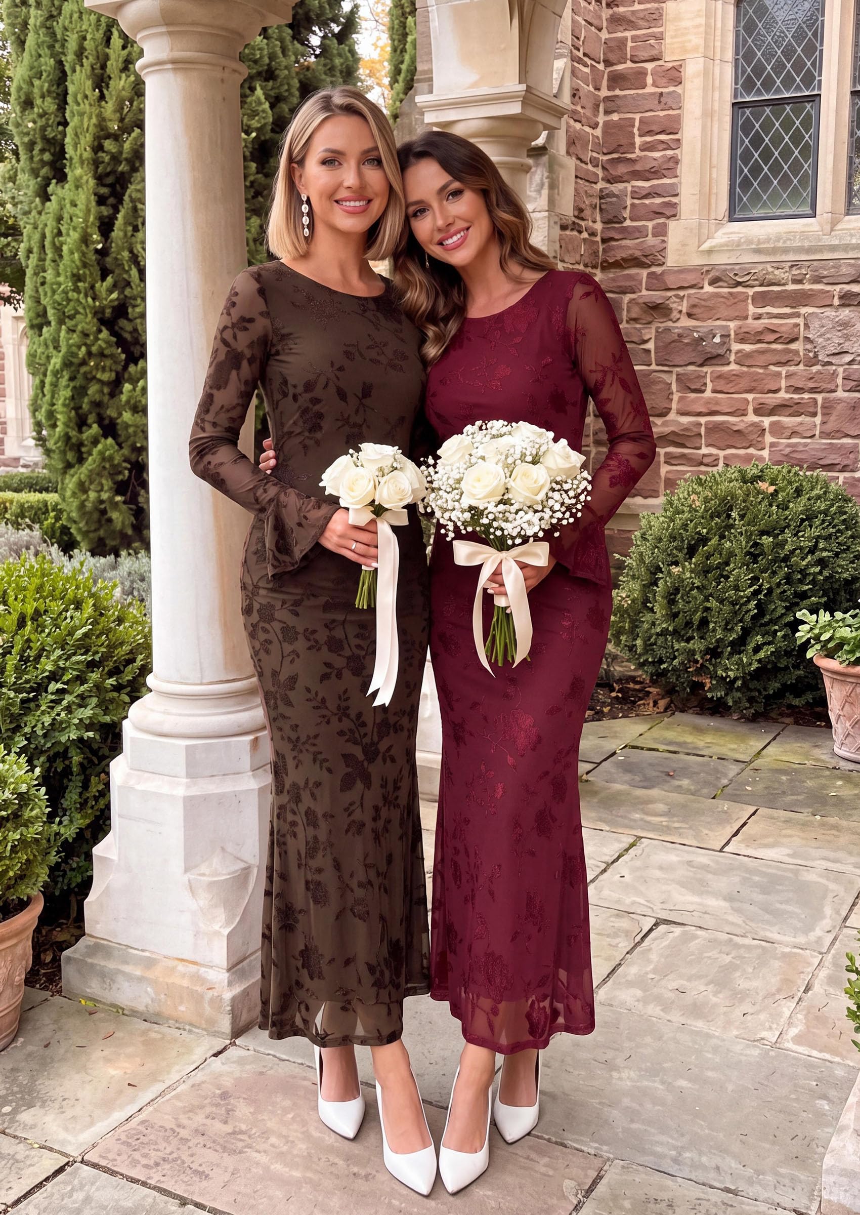 Women's Long Sleeve Maxi Floral Mesh Fall Wedding Guest Dress