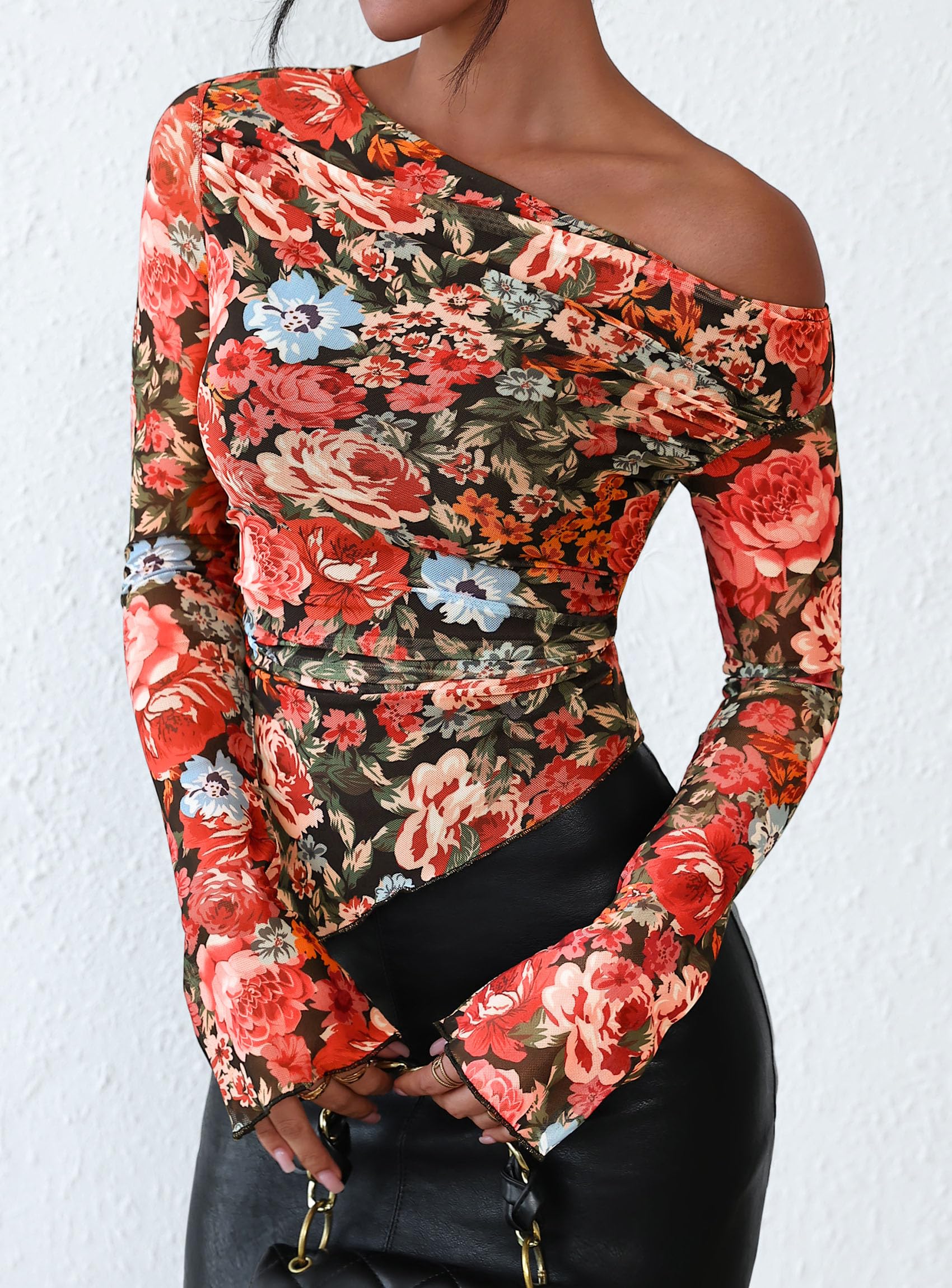 Womens Off Shoulder Mesh Y2k Tops,Floral Black,XS