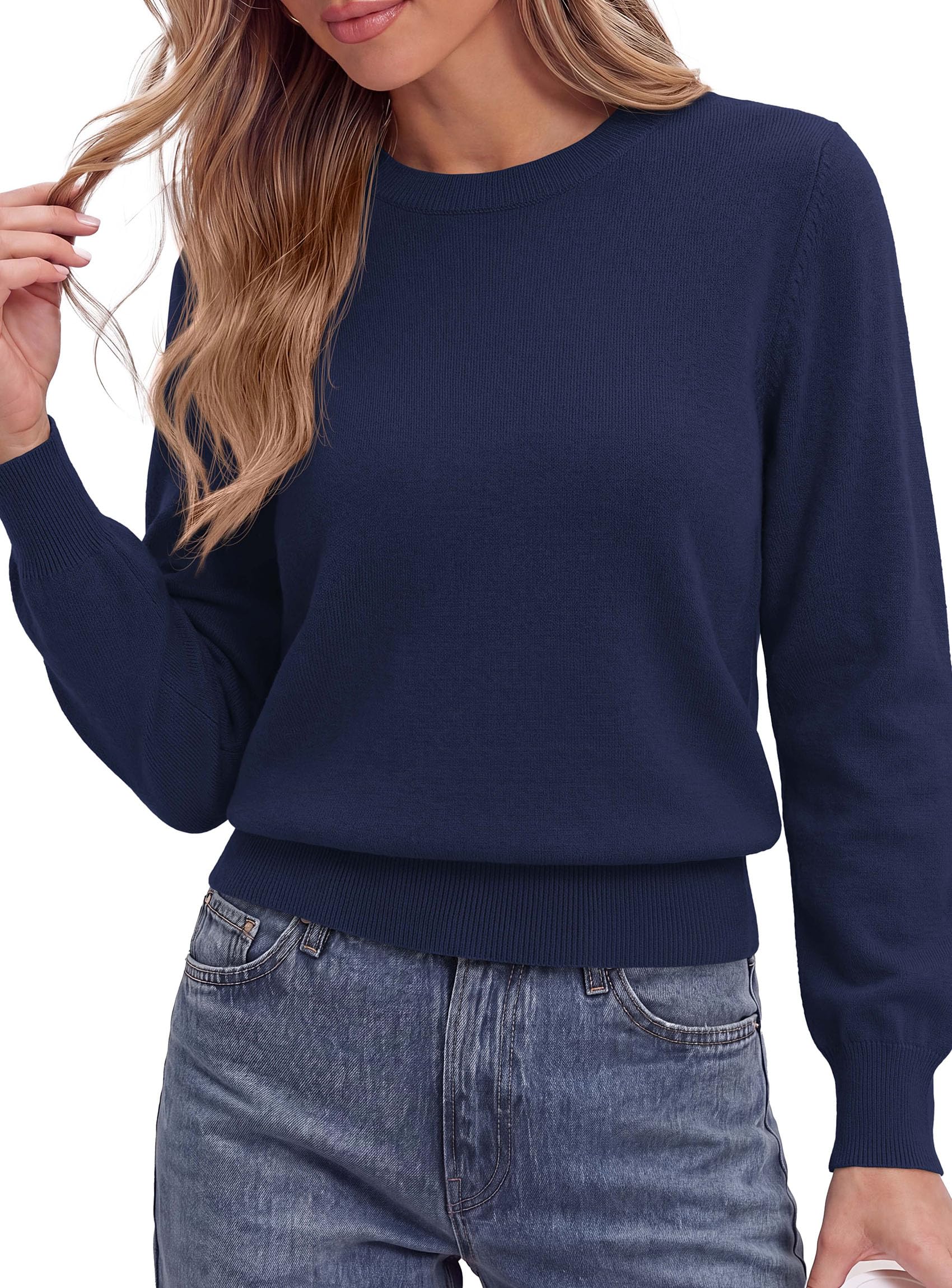 Women’s Long Sleeve Crew Neck Cropped Sweaters Navy Blue,S
