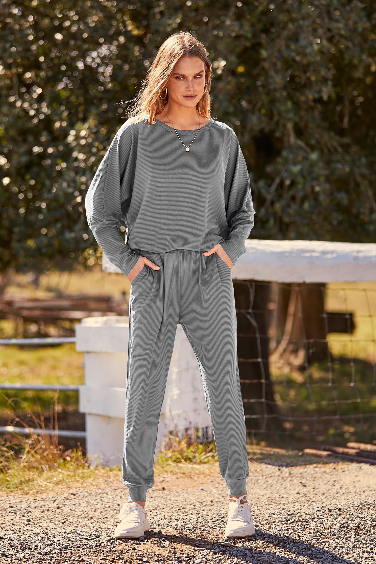Women's 2 Piece Fall Outfits Matching Ribbed Knit Lounge Sets