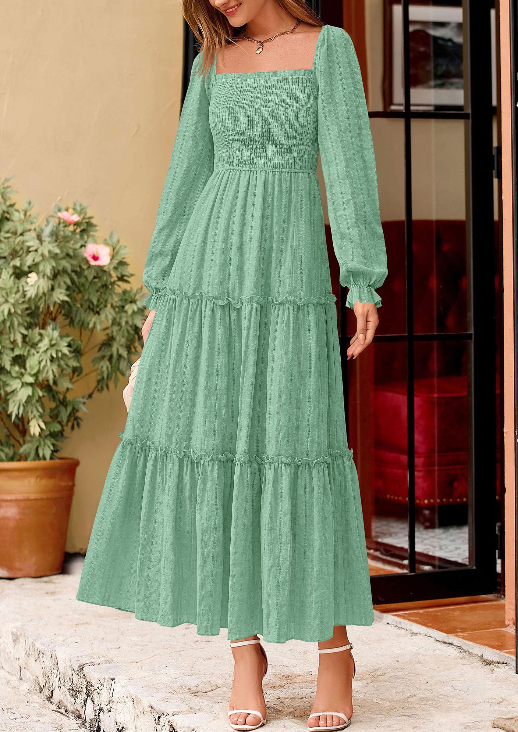 Women's Long Sleeve Ruffle Flowy Maxi Dress,Sage Green,S