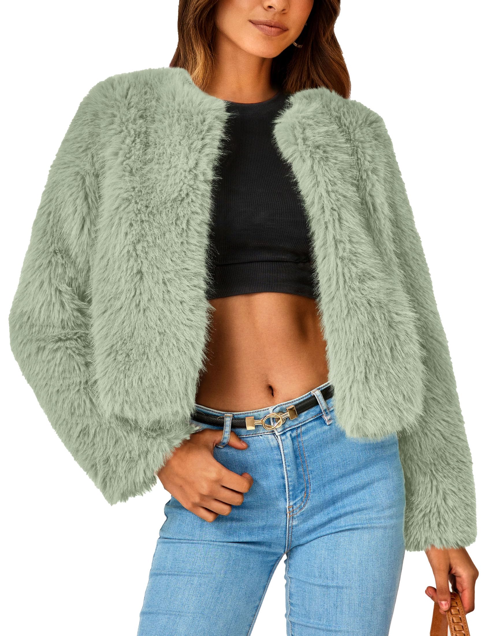 Women's Winter Cropped Faux Fur Coats(Bean Green,Small)