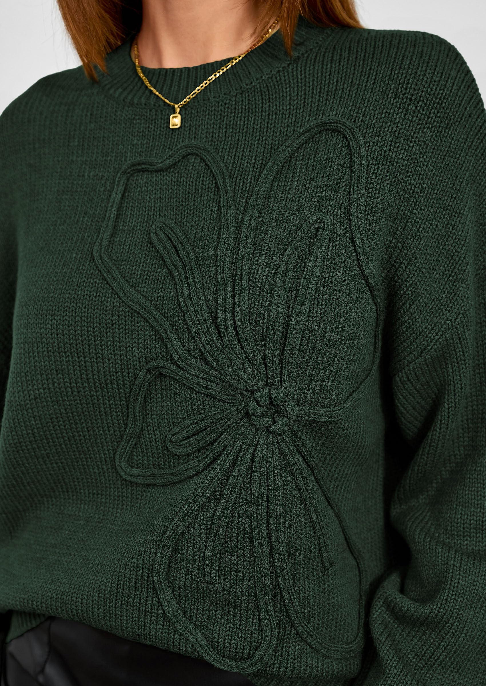 Women's Oversized 3D Floral Knit Sweater,Dark Green,S