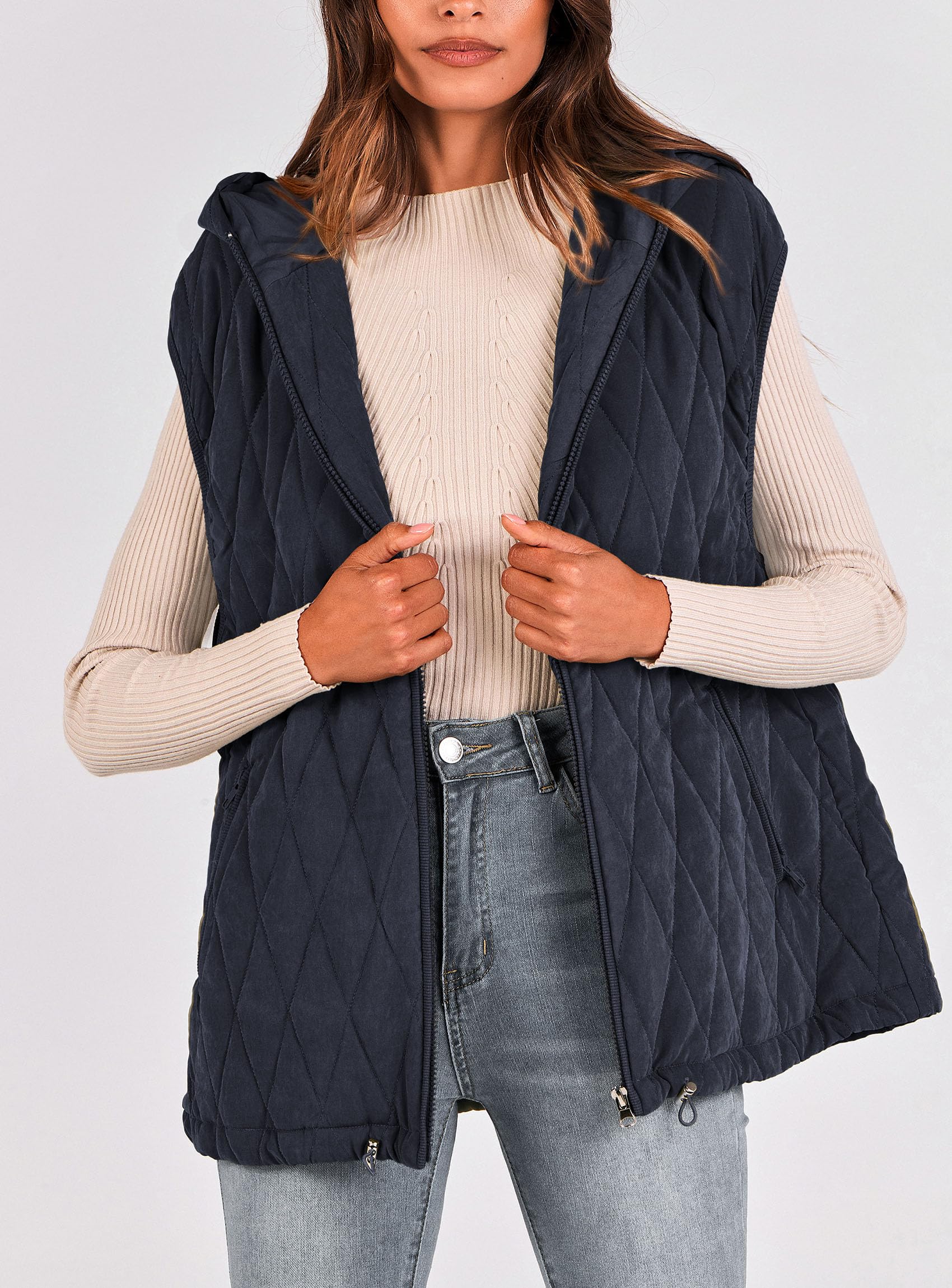 Women's Fall Fashion Vest Zip Up Jacket(Navy,Small)