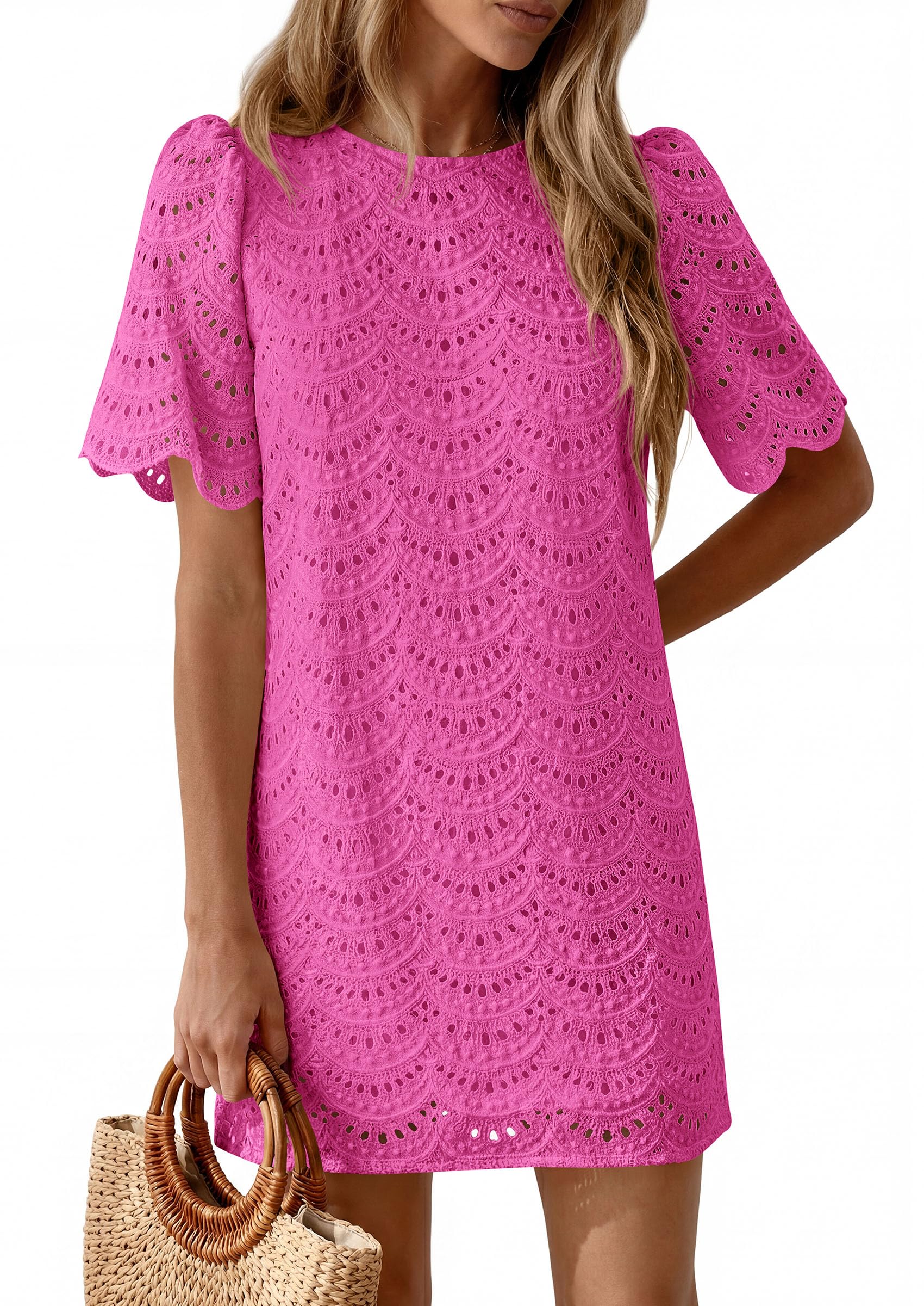 Women's Summer Eyelet Lace Short Dress (Rose Red,S)