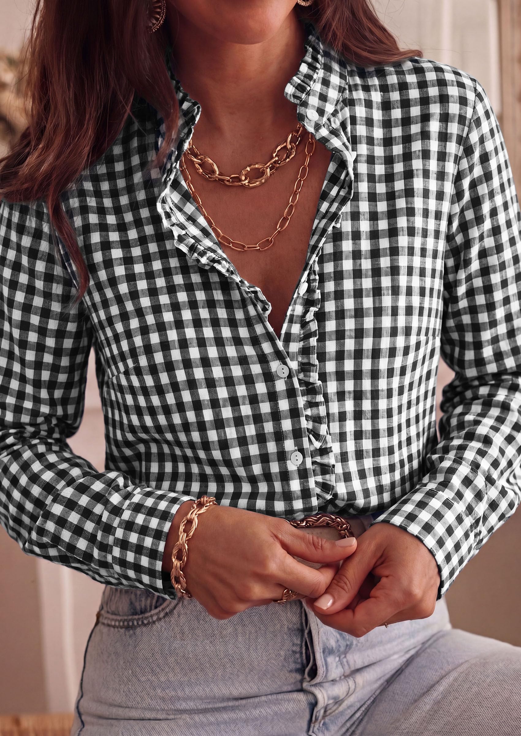 Womens Long Sleeve Button Down Shirts,Black White,S