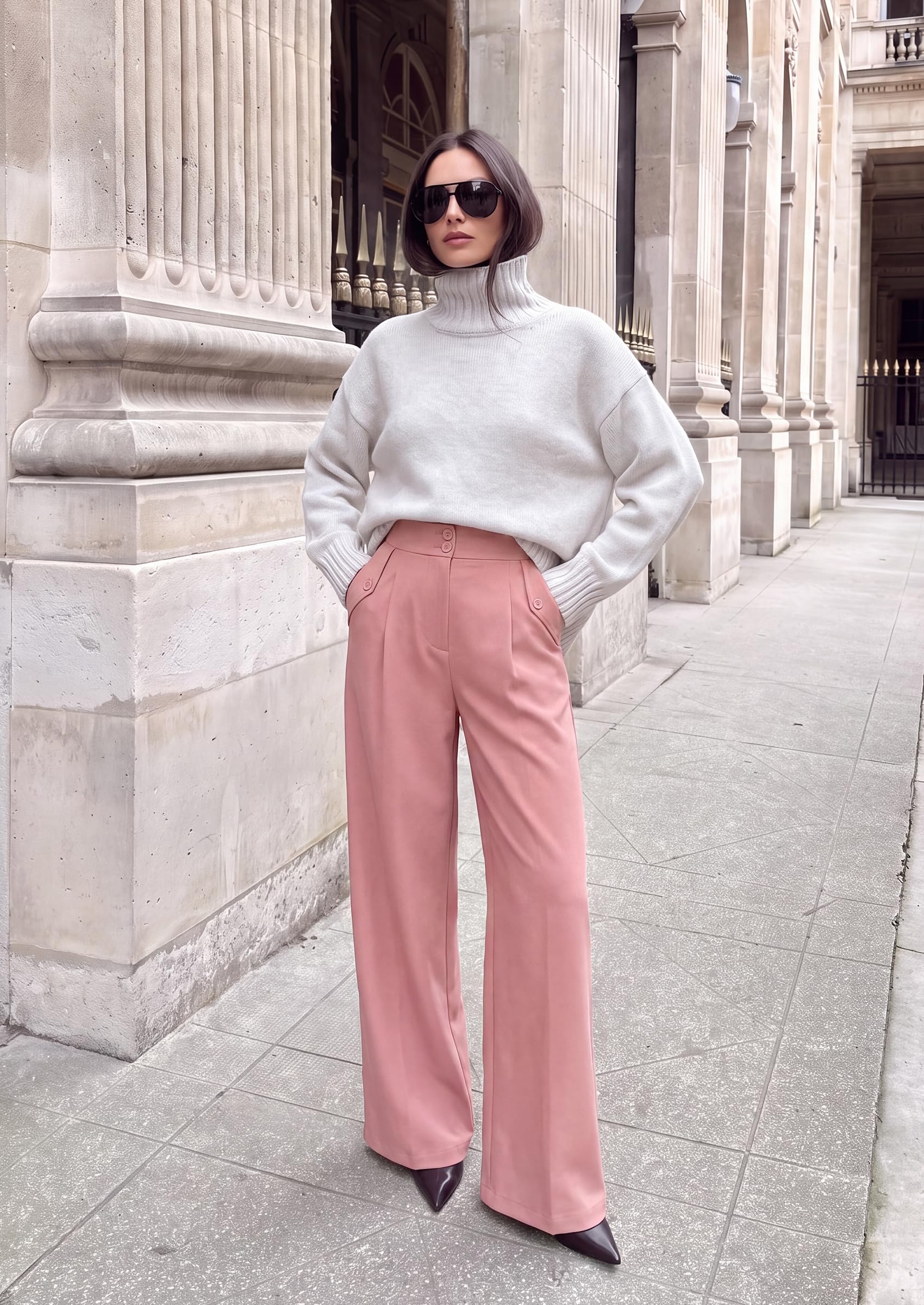 Women's Wide Leg Work Dress Pants Trousers (Pink,S)