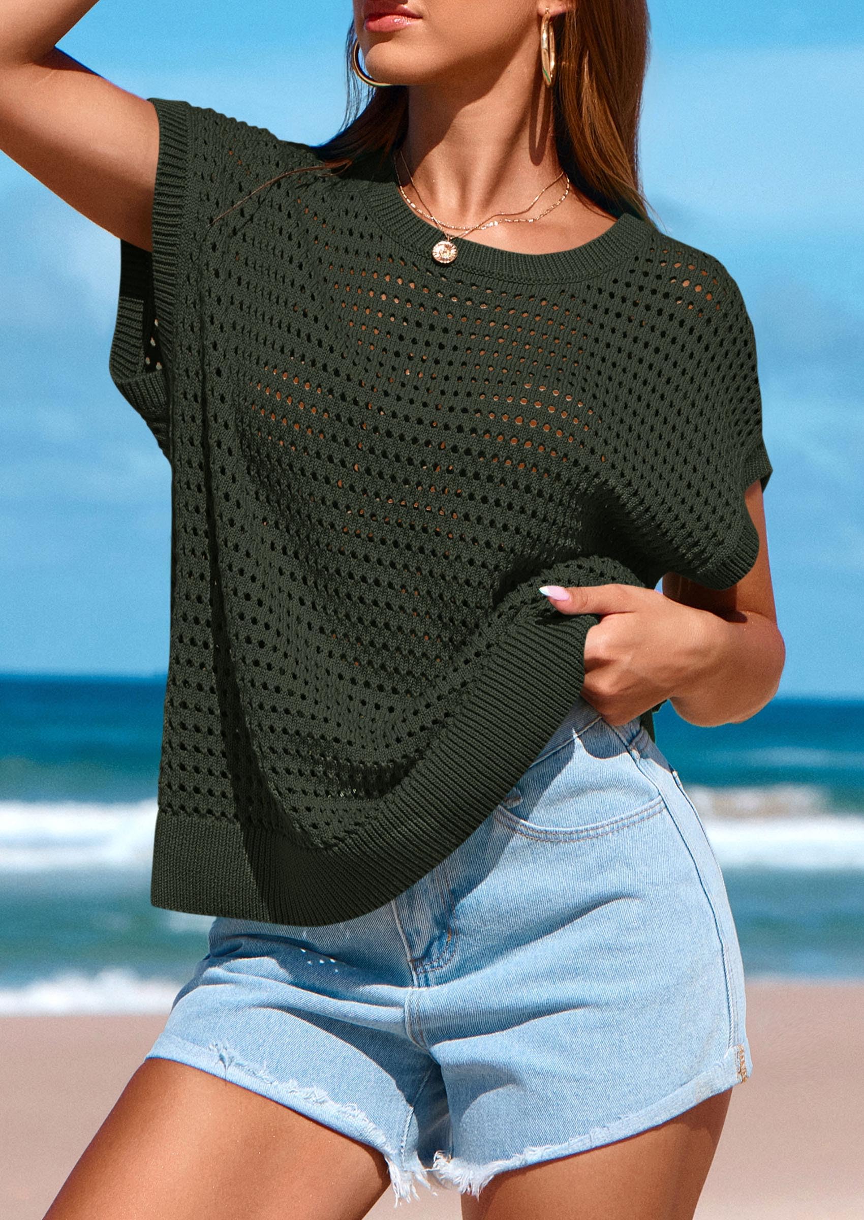 Women's Summer Crochet Cap Sleeve Sweater Tops,Army Green,S