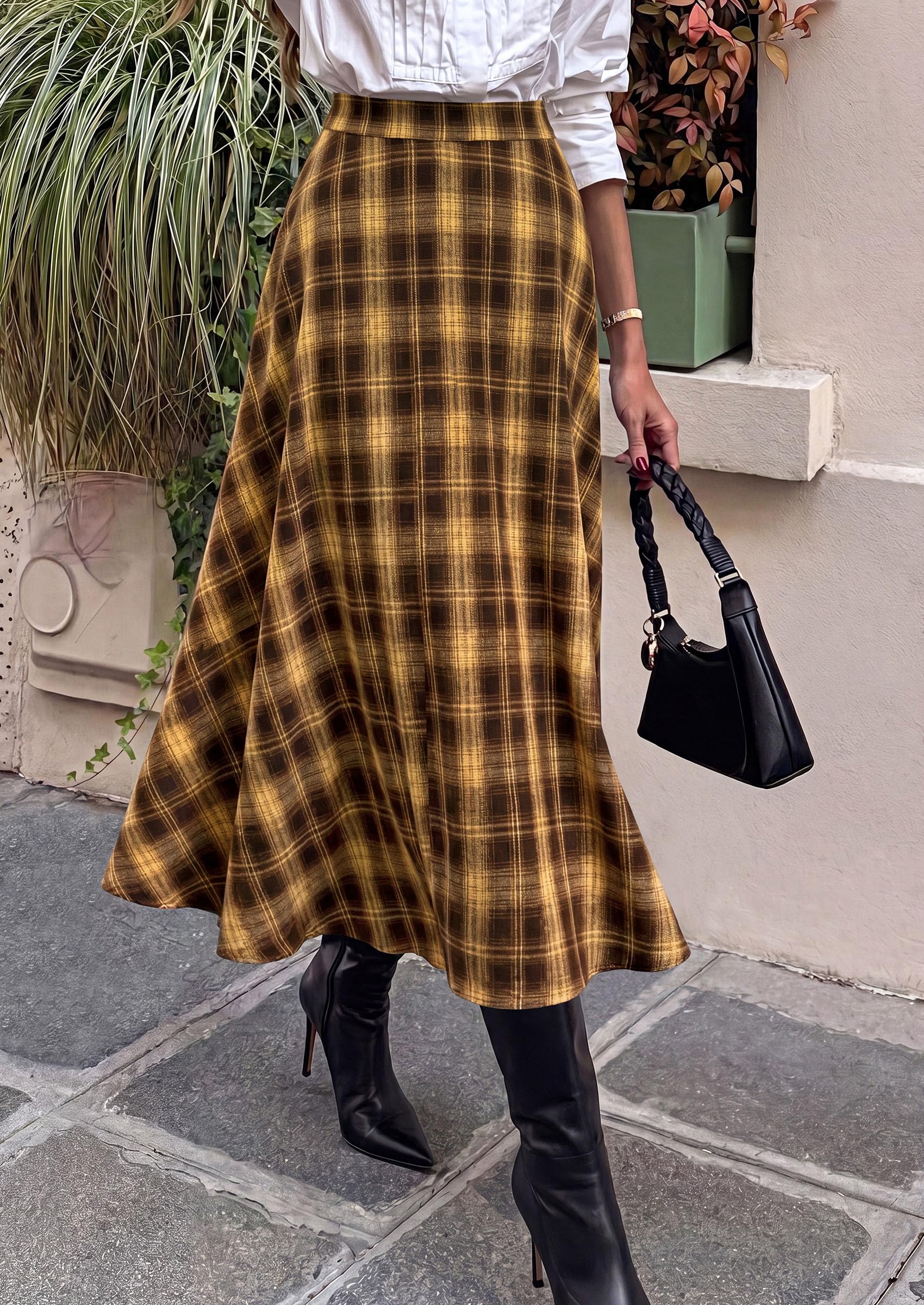 Women's Plaid High Waisted A-Line Midi Skirts,Brown Yellow,S