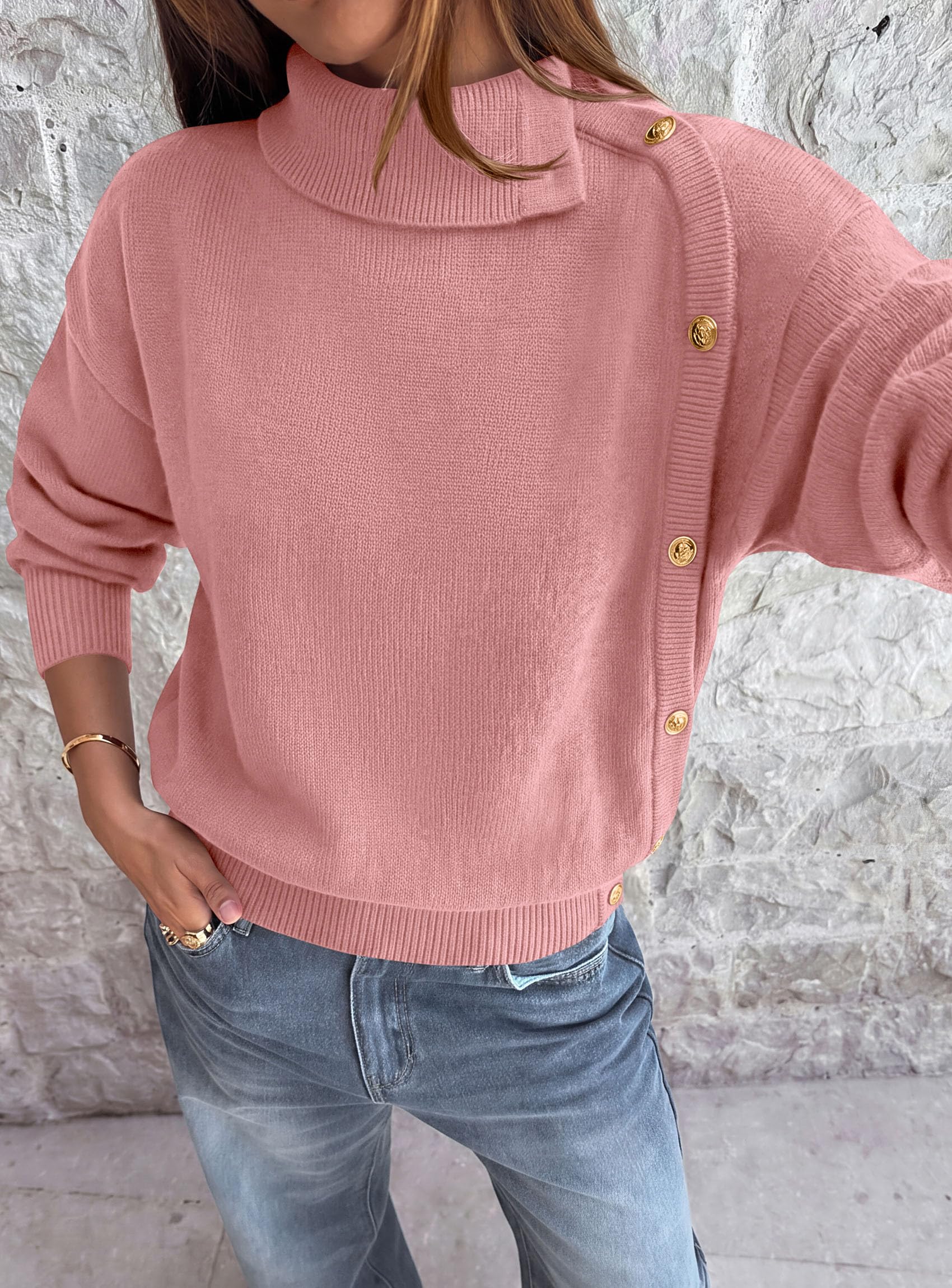 Womens Turtleneck Sweater Pullover Side Button Fall Clothes