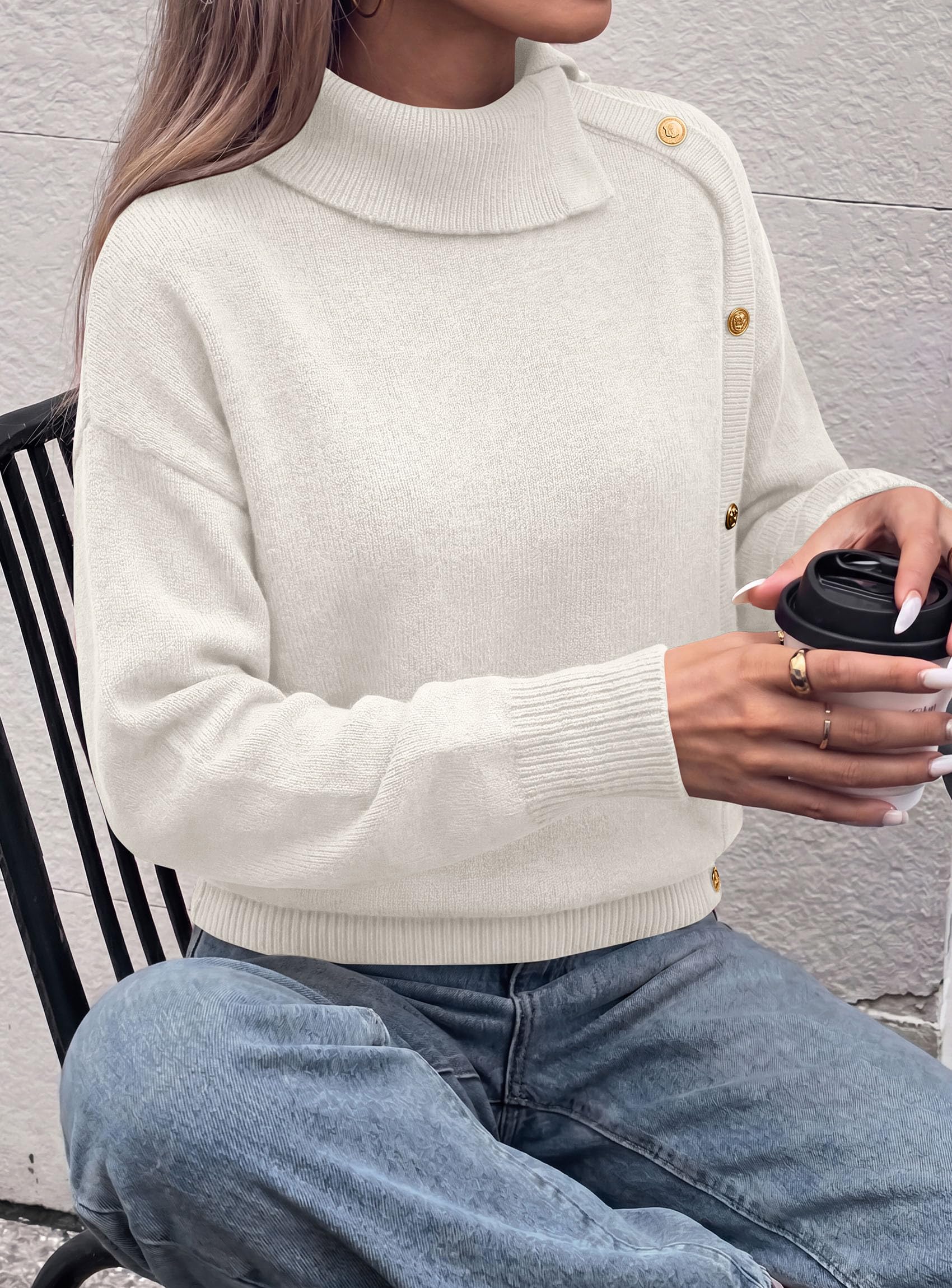 Womens Turtleneck Sweater Pullover Side Button Fall Clothes