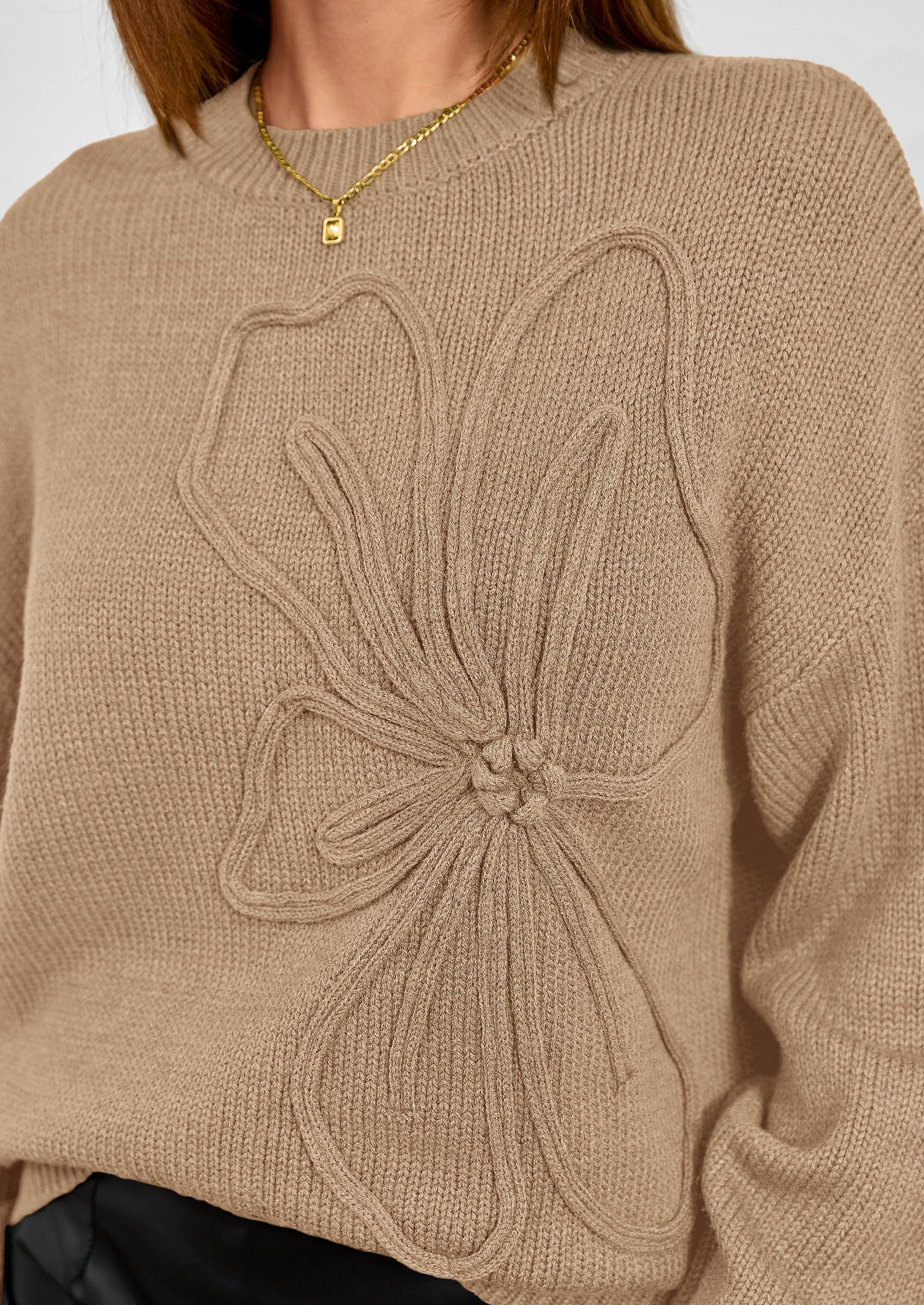 Women's Oversized 3D Floral Knit Sweater,Khaki,M