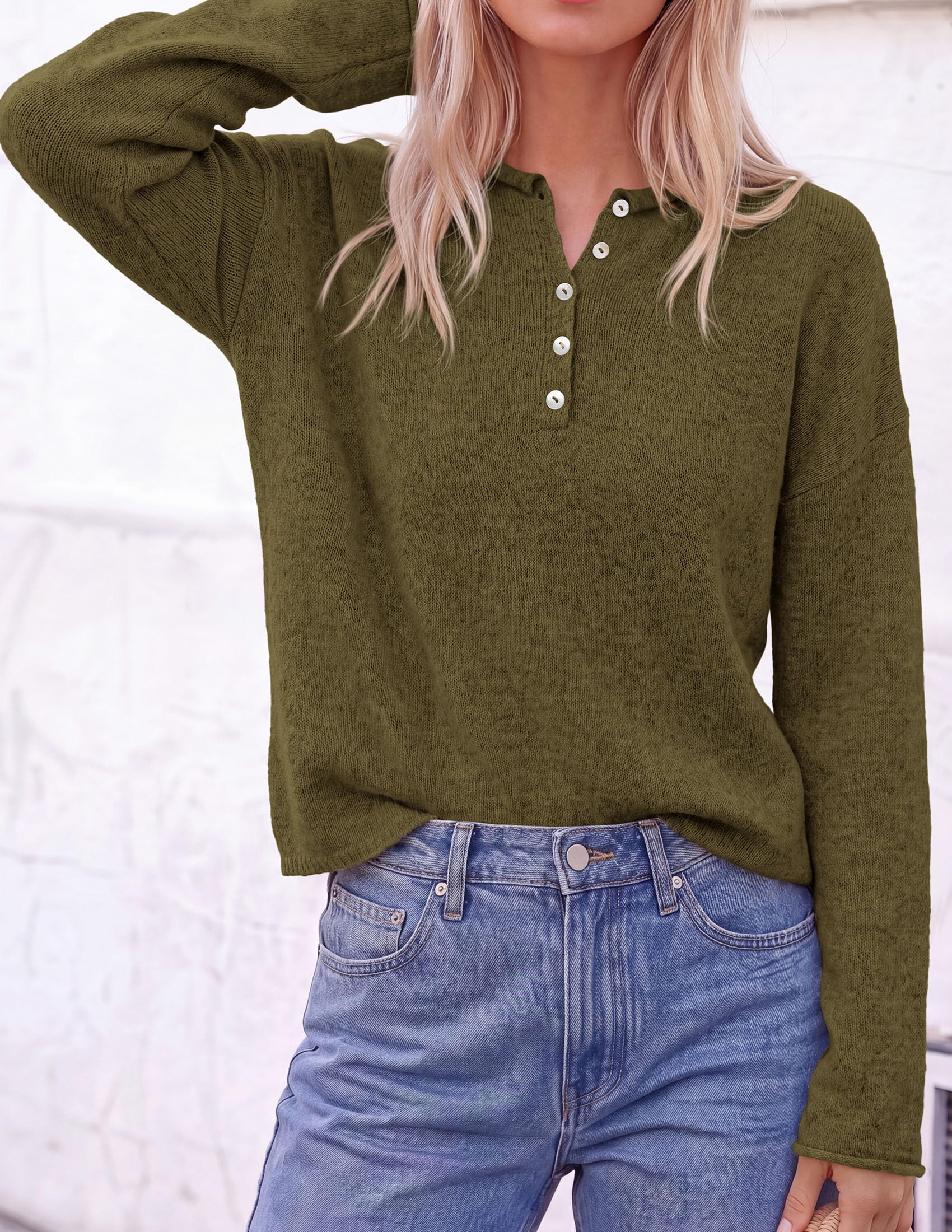 Women's Henley Cozy Sweaters Button Up Pullover Army Green S