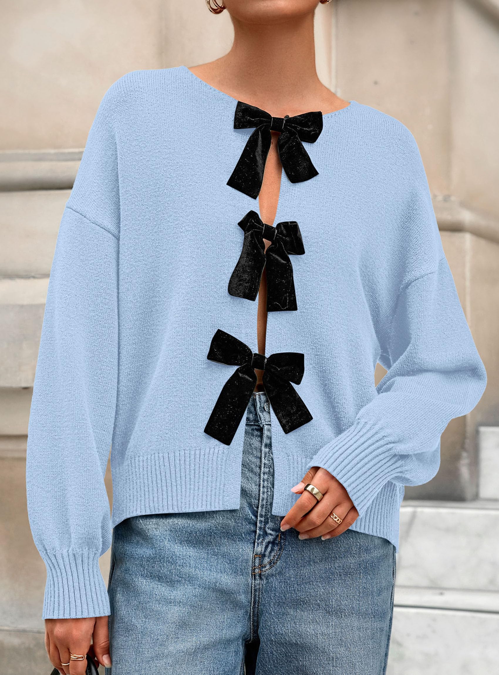 Women's Fall Bow Tie Front Cardigan Sweaters,Light Blue,XL