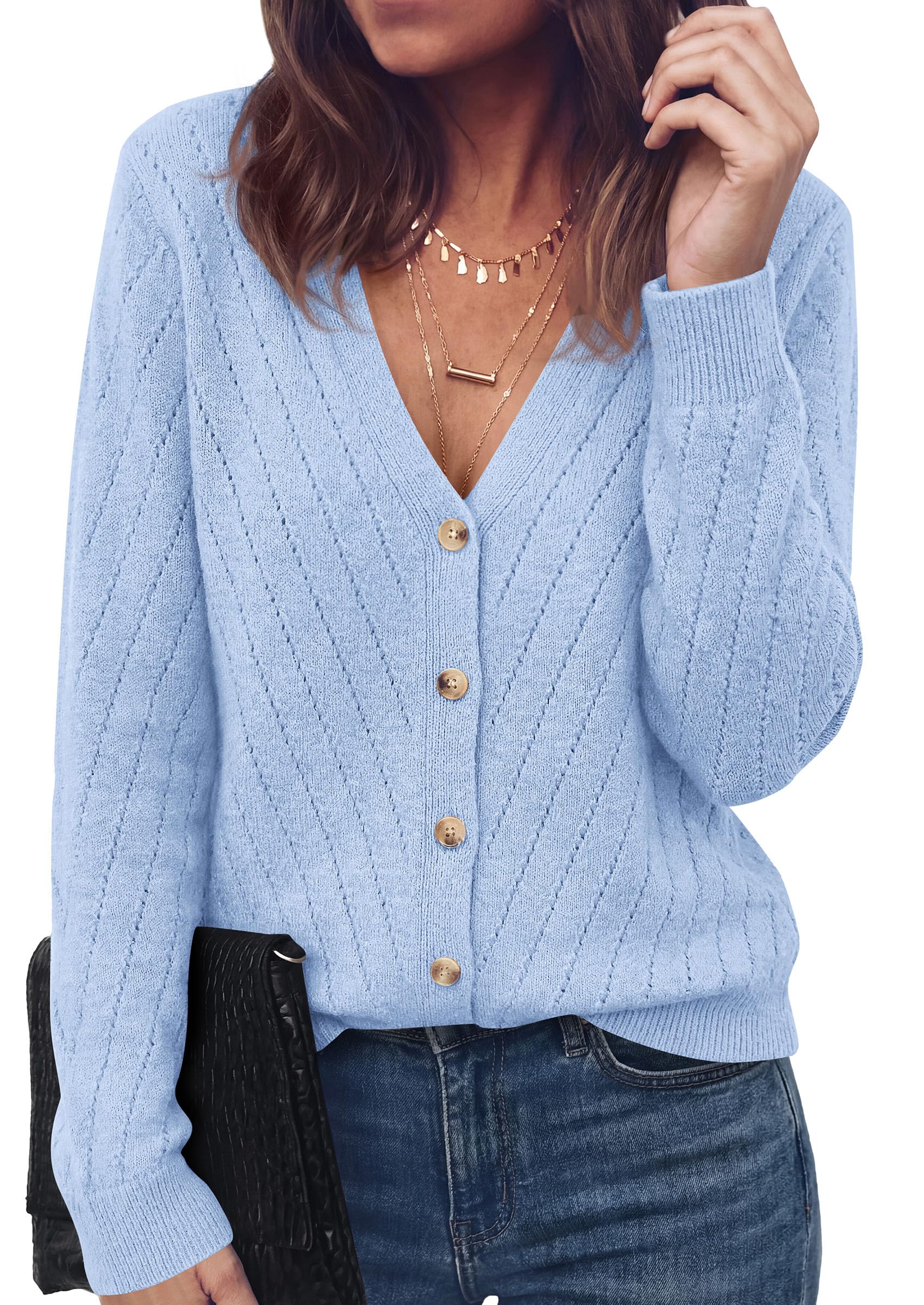 Women's Cozy Cardigan Sweater with Button (Light Blue,S)