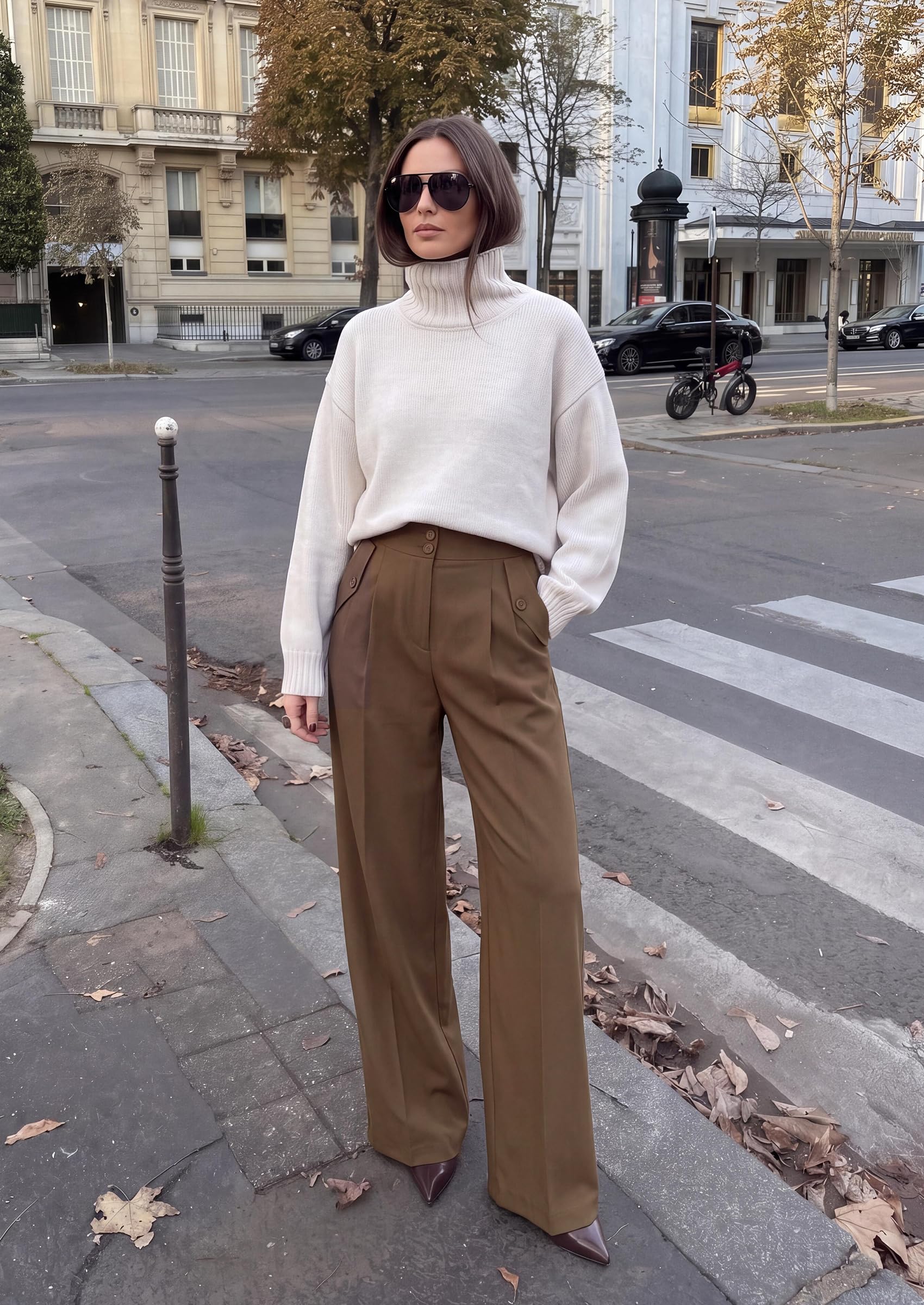 Women's Wide Leg Work Dress Pants Trousers (Brown,S)