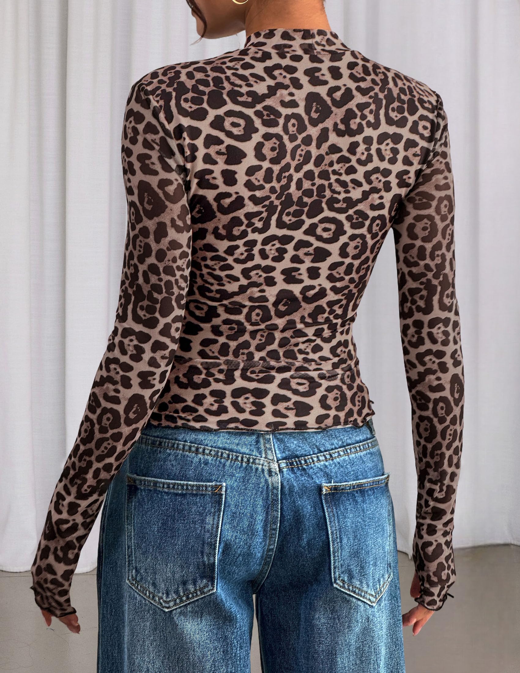 Womens Floral Mesh Long Sleeve Tops Fall Slim Fitted Shirts