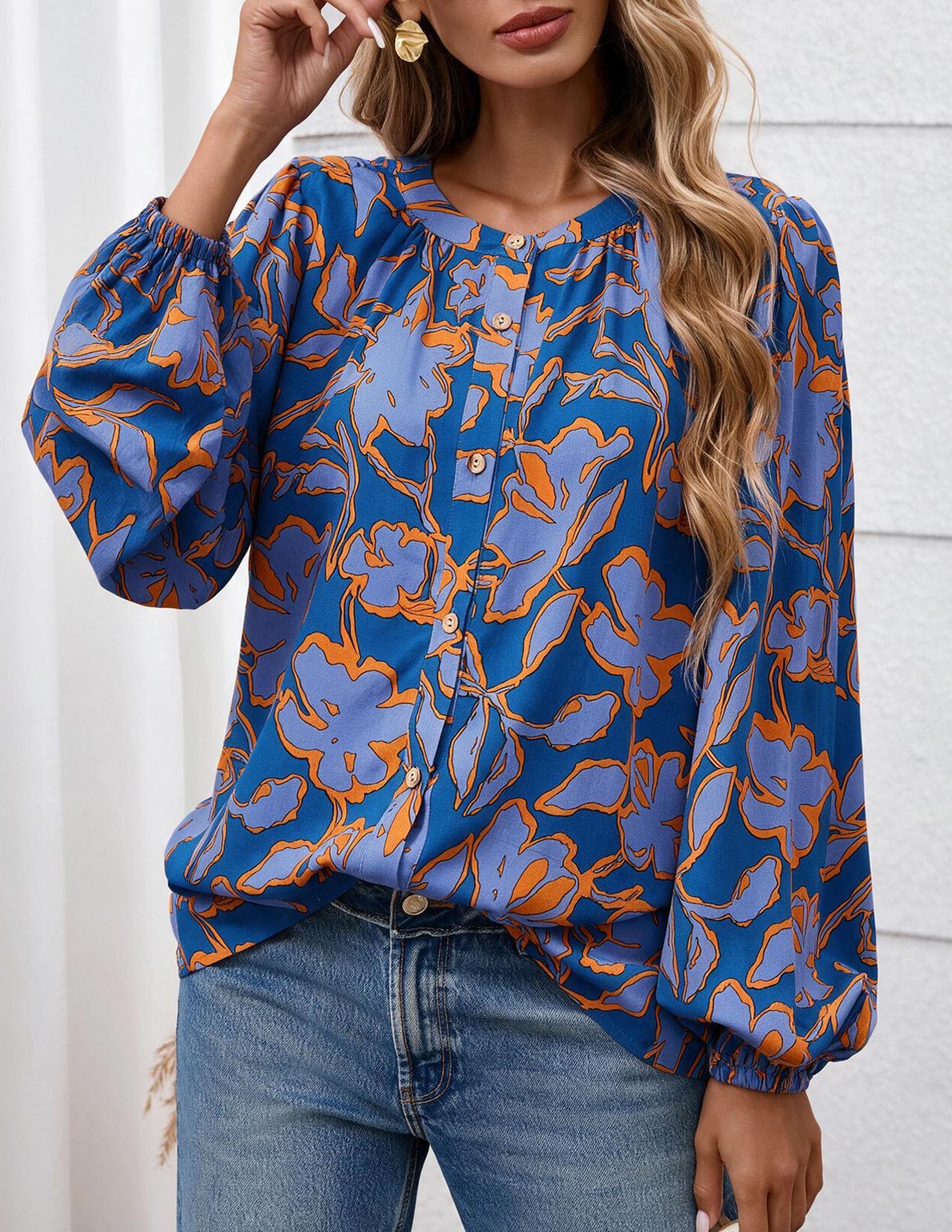Women's Boho Tops Fall Long Sleeve Button Down Floral Blouses