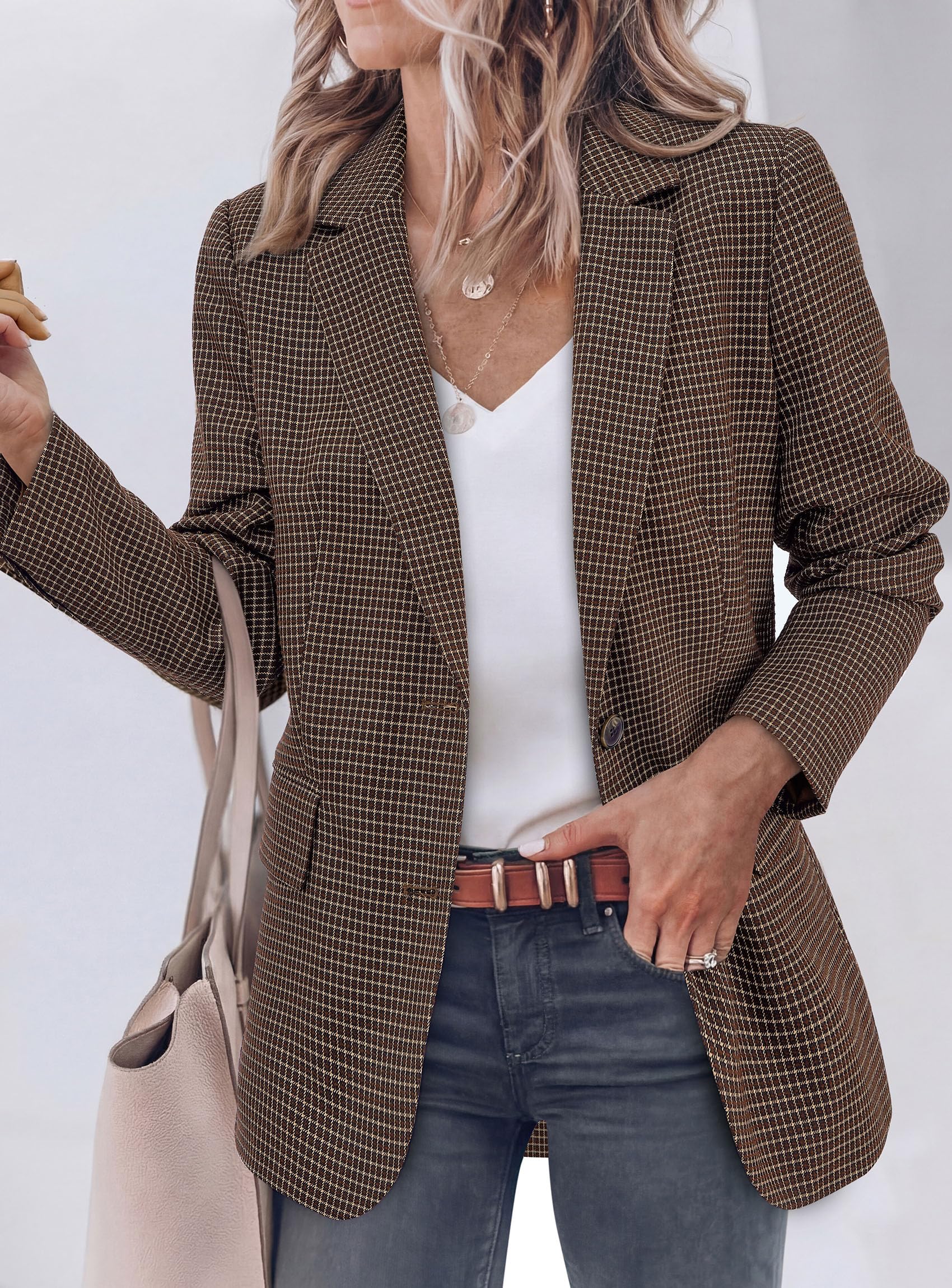 Fall Plaid Blazers for Women Business Casual Brown M